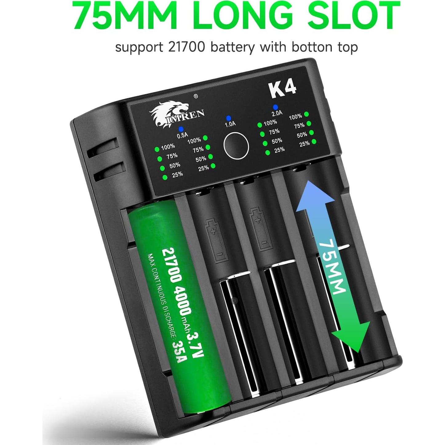 Cargador de Batería IMREN K4 USB C 4 Bahías 3.7V 1.2V