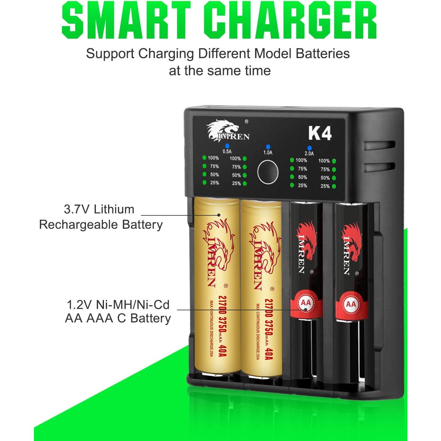 Cargador de Batería IMREN K4 USB C 4 Bahías 3.7V 1.2V