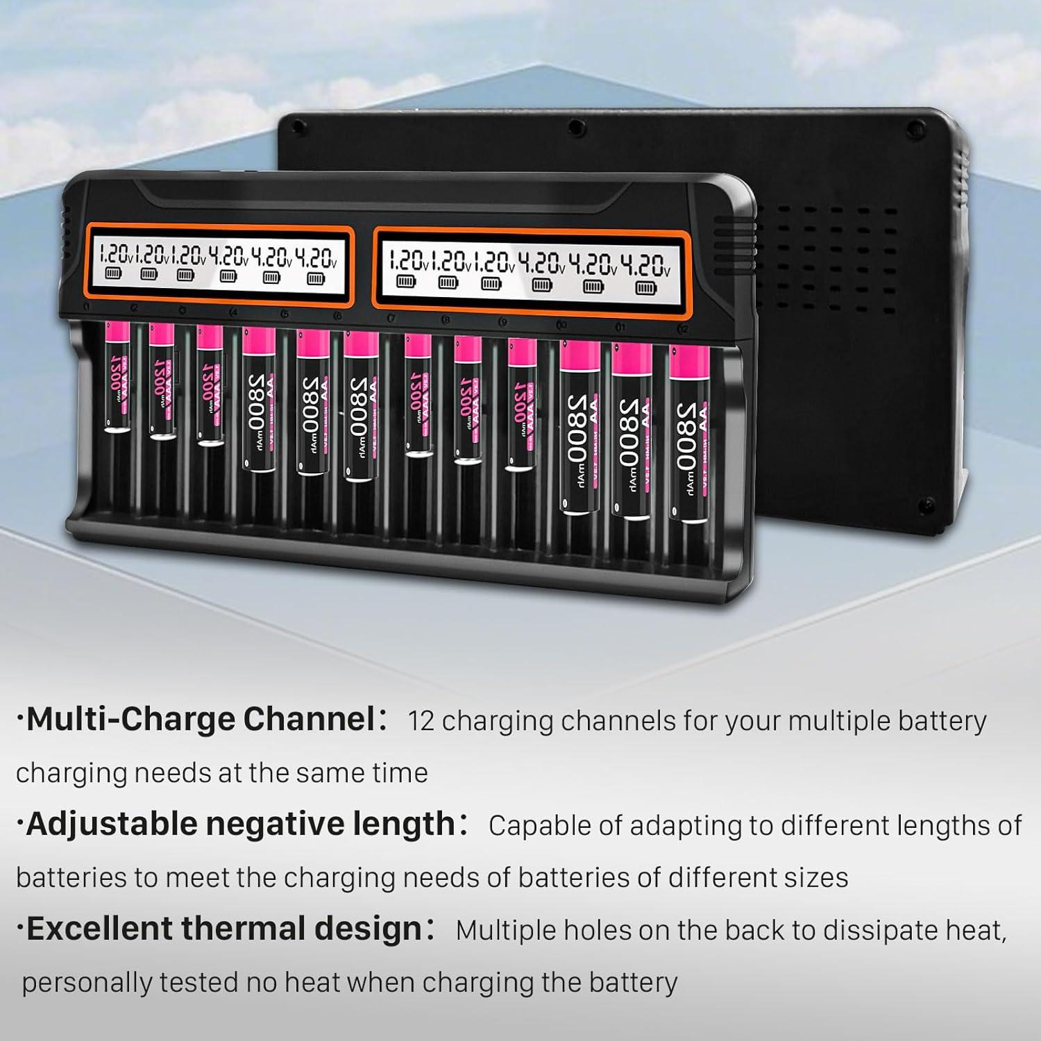 Cargador de Baterías Recargables BOANV 12 Slots USB LCD