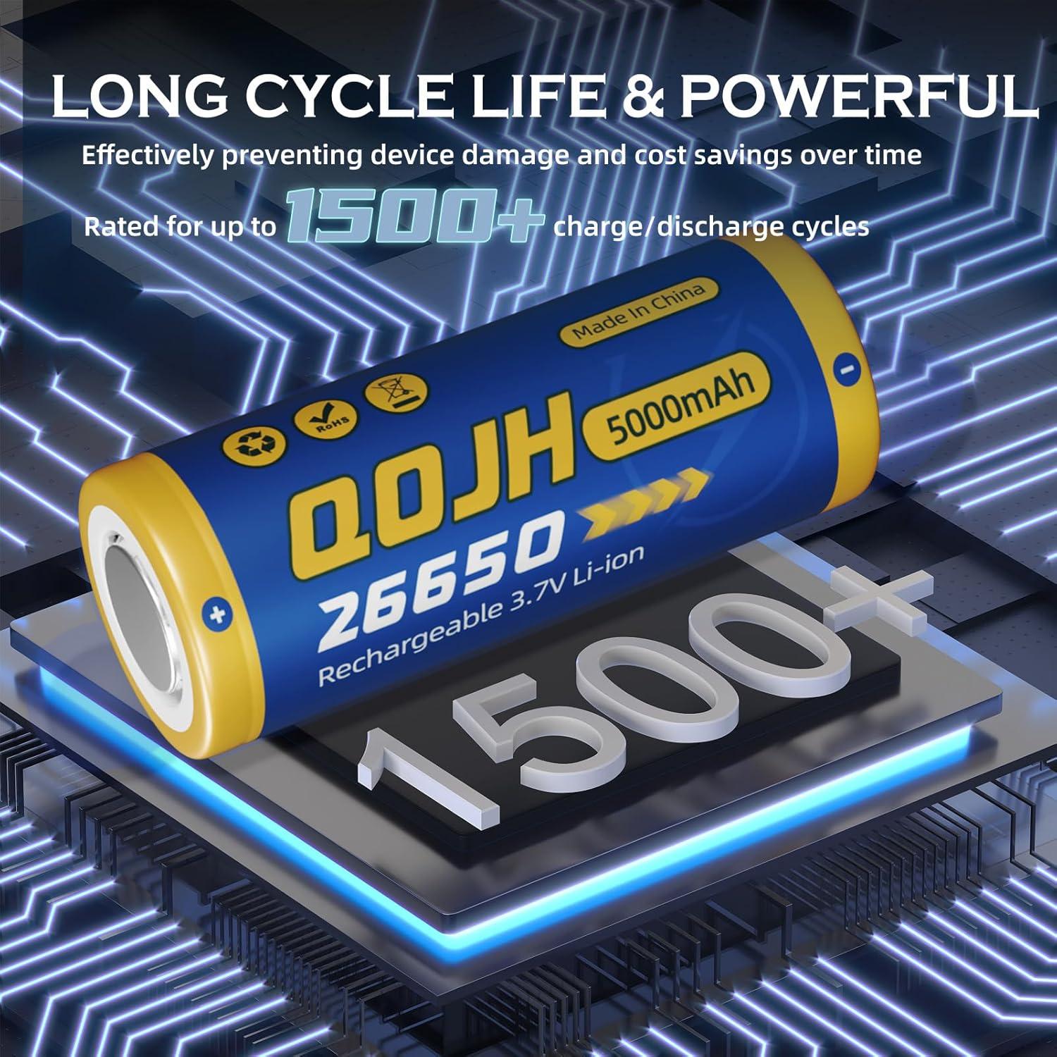 Baterías Recargables 26650 QOJH 5000mAh 3.7V Paquete de 4