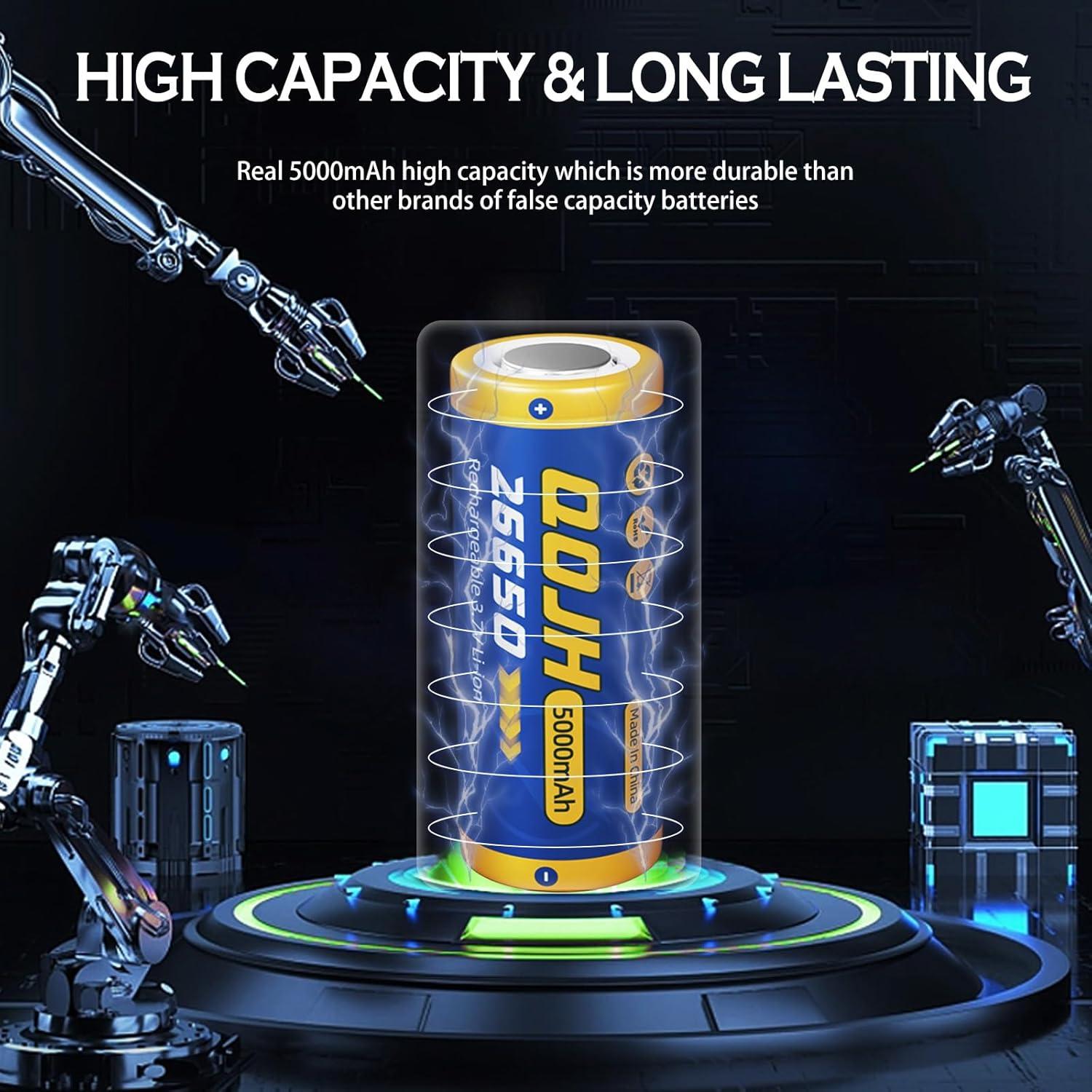 Baterías Recargables 26650 QOJH 5000mAh 3.7V Paquete de 4