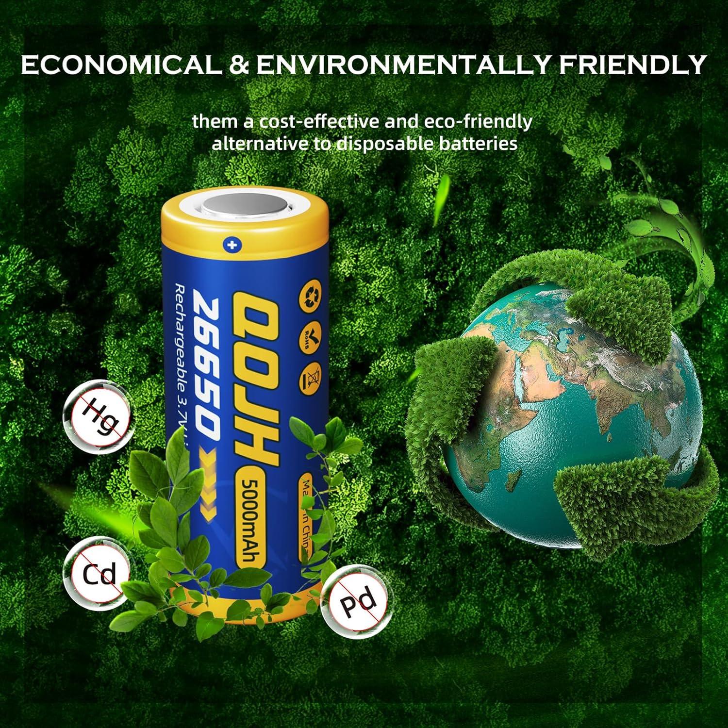 Baterías Recargables 26650 QOJH 5000mAh 3.7V Paquete de 4