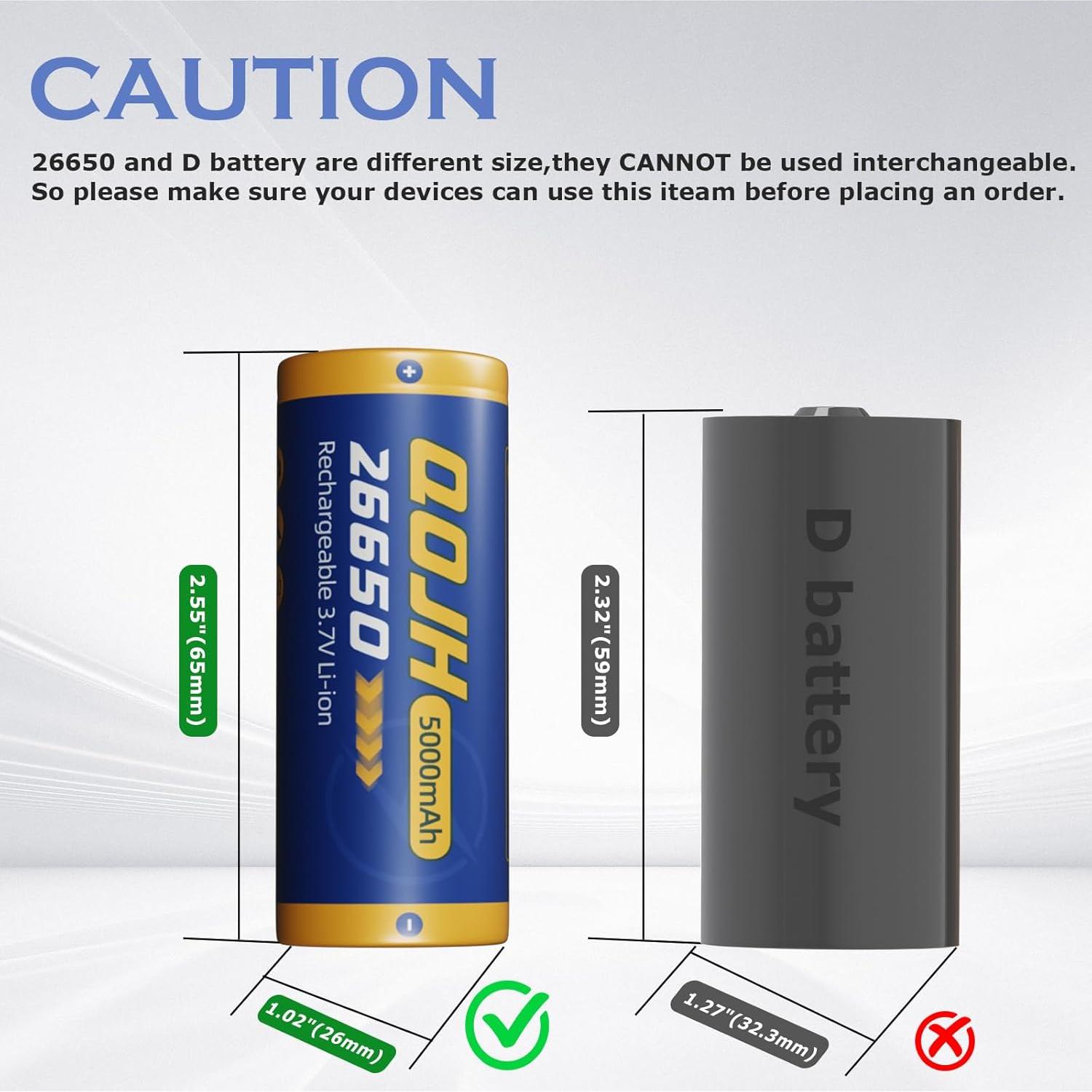 Baterías Recargables 26650 QOJH 5000mAh 3.7V Paquete de 4