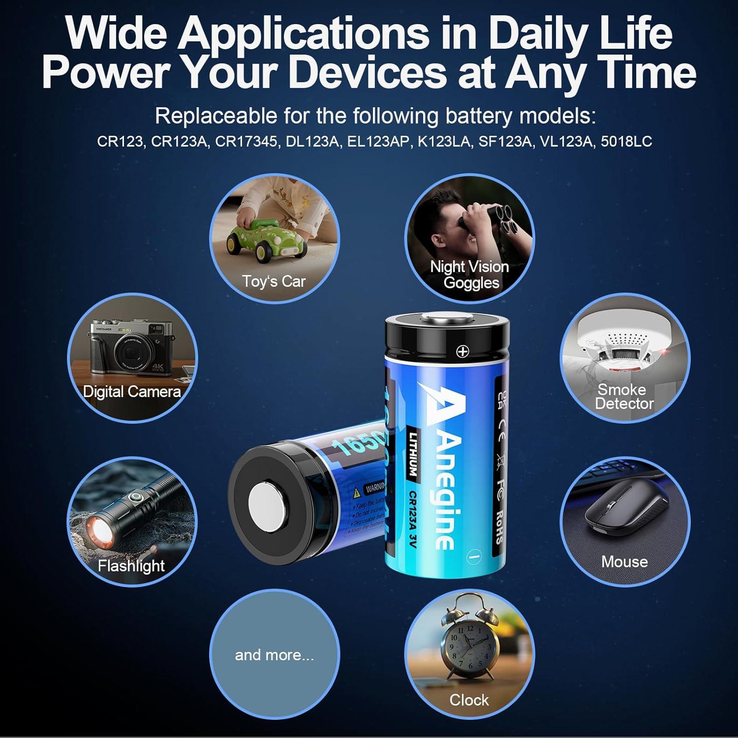 Baterías de Litio CR123A 3V 1650mAh Anegine Paquete de 20