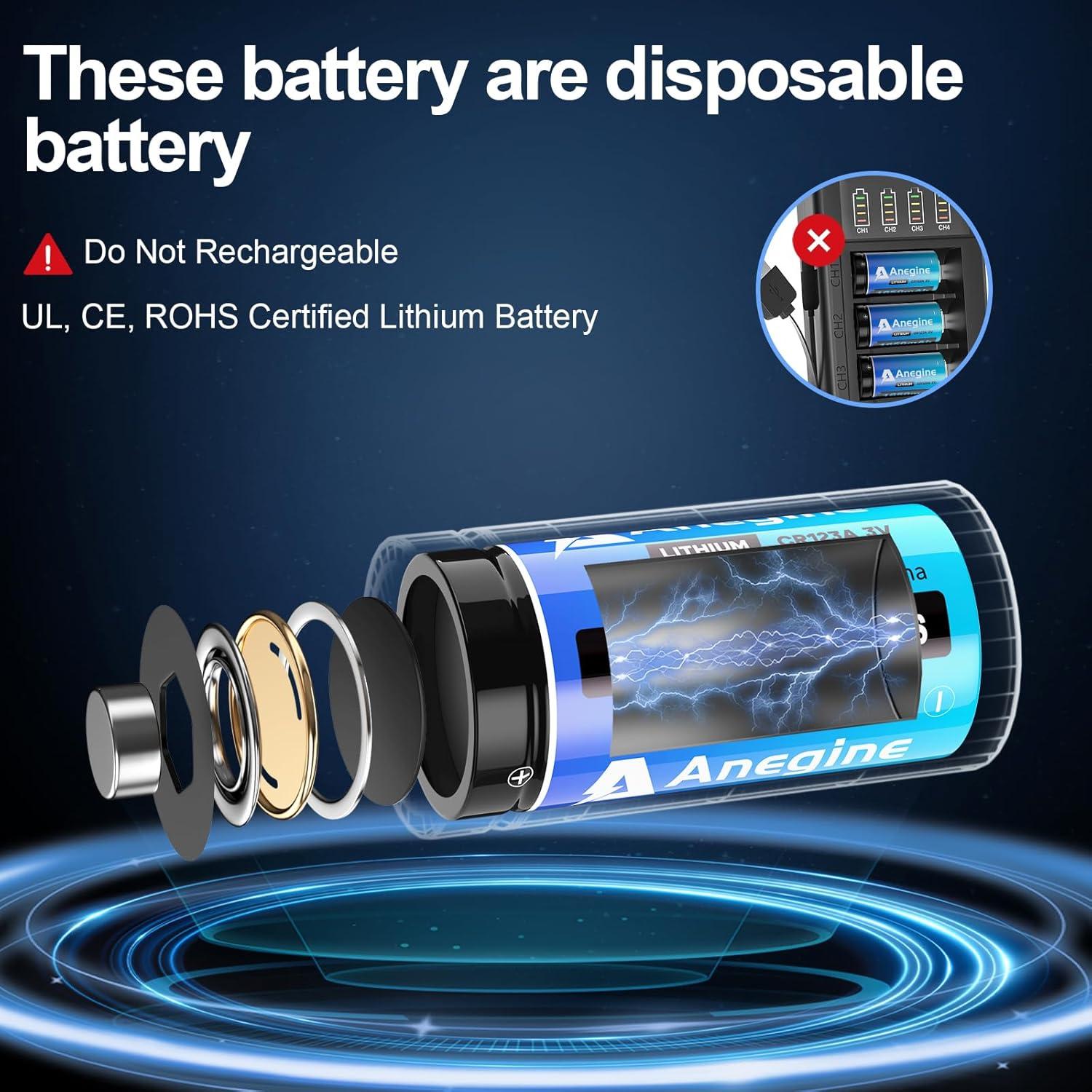 Baterías de Litio CR123A 3V 1650mAh Anegine Paquete de 20