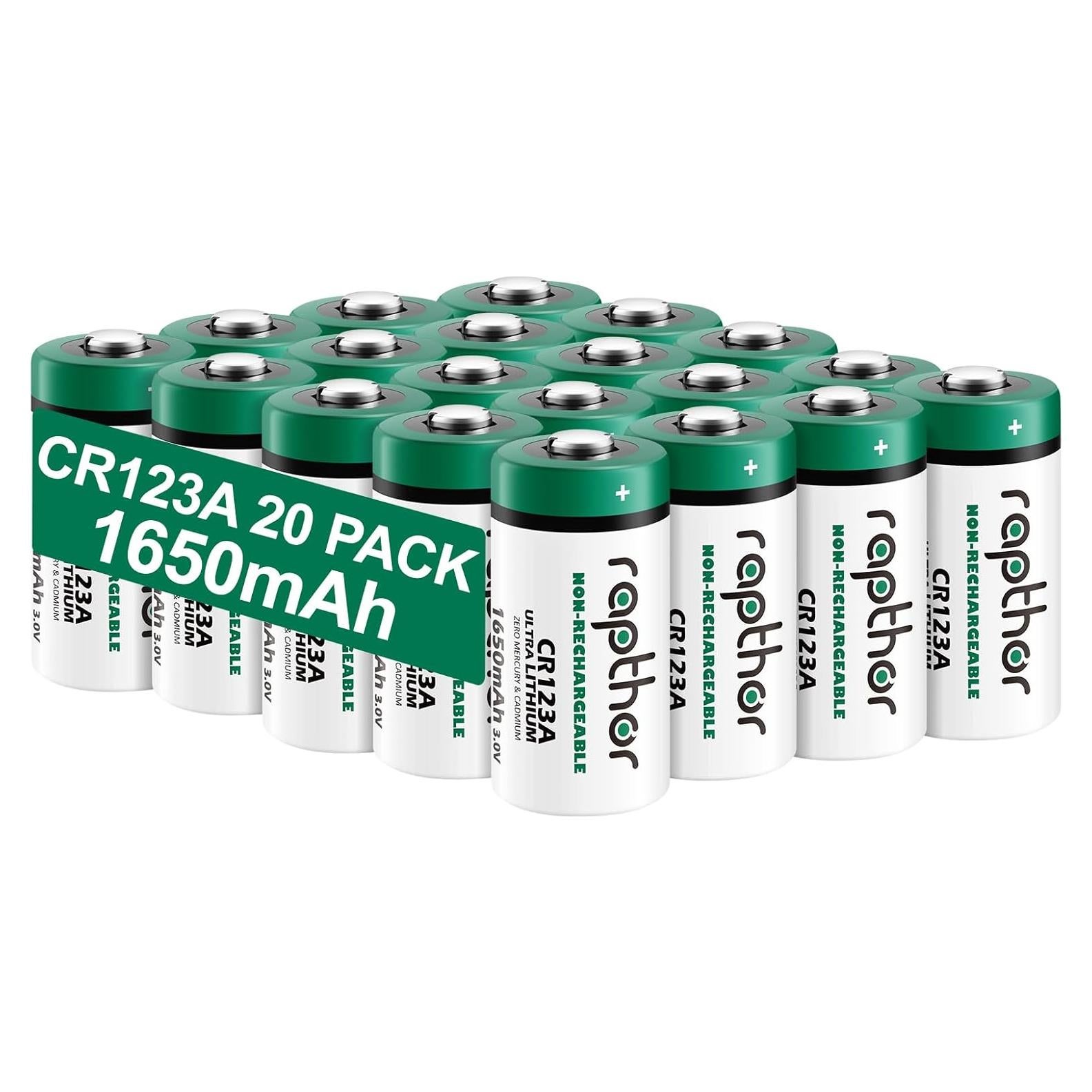 Baterías de Litio CR123A 3V Rapthor 20 Unidades 1650mAh