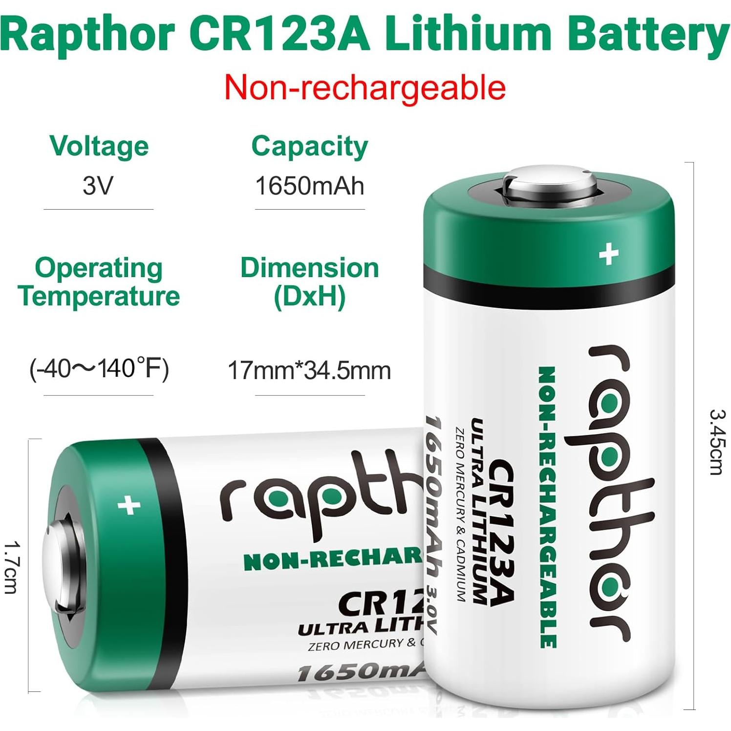 Baterías de Litio CR123A 3V Rapthor 20 Unidades 1650mAh