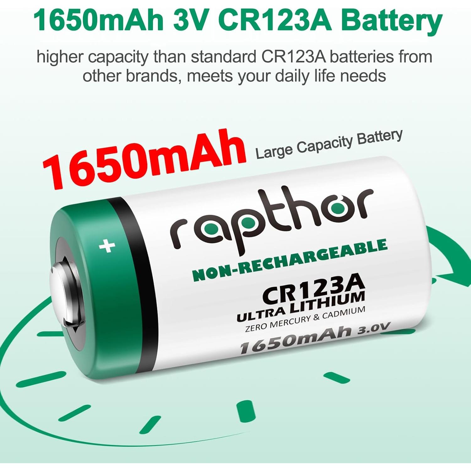 Baterías de Litio CR123A 3V Rapthor 20 Unidades 1650mAh
