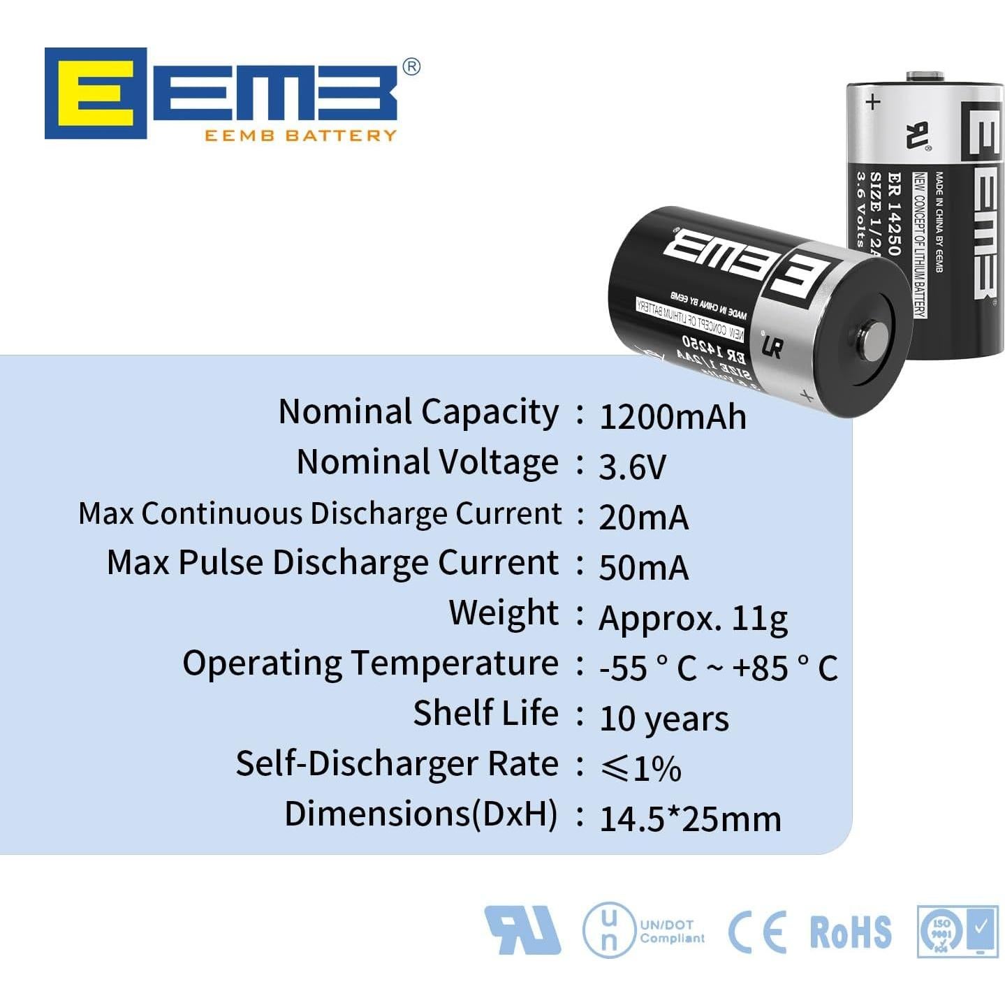 Baterías de Litio EEMB ER14250 3.6V 1200mAh Paquete de 10