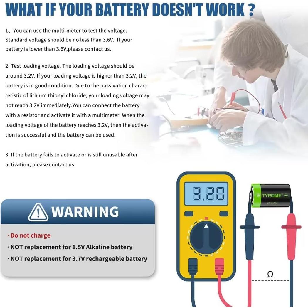 Batería Litio 1/2 AA Tyrone ER14250 3.6V 1200mAh Paquete 10