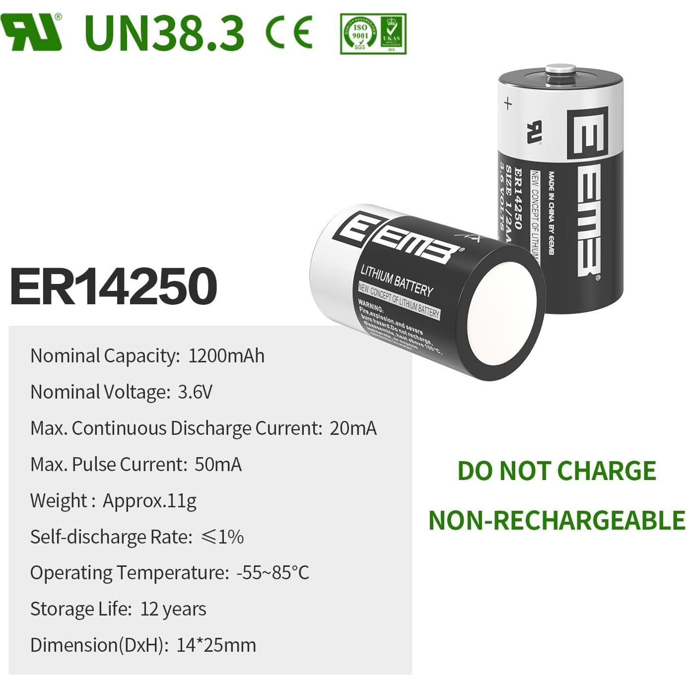 Batería de Litio EEMB ER14250 3.6V 1200mAh 1/2AA No Recargable