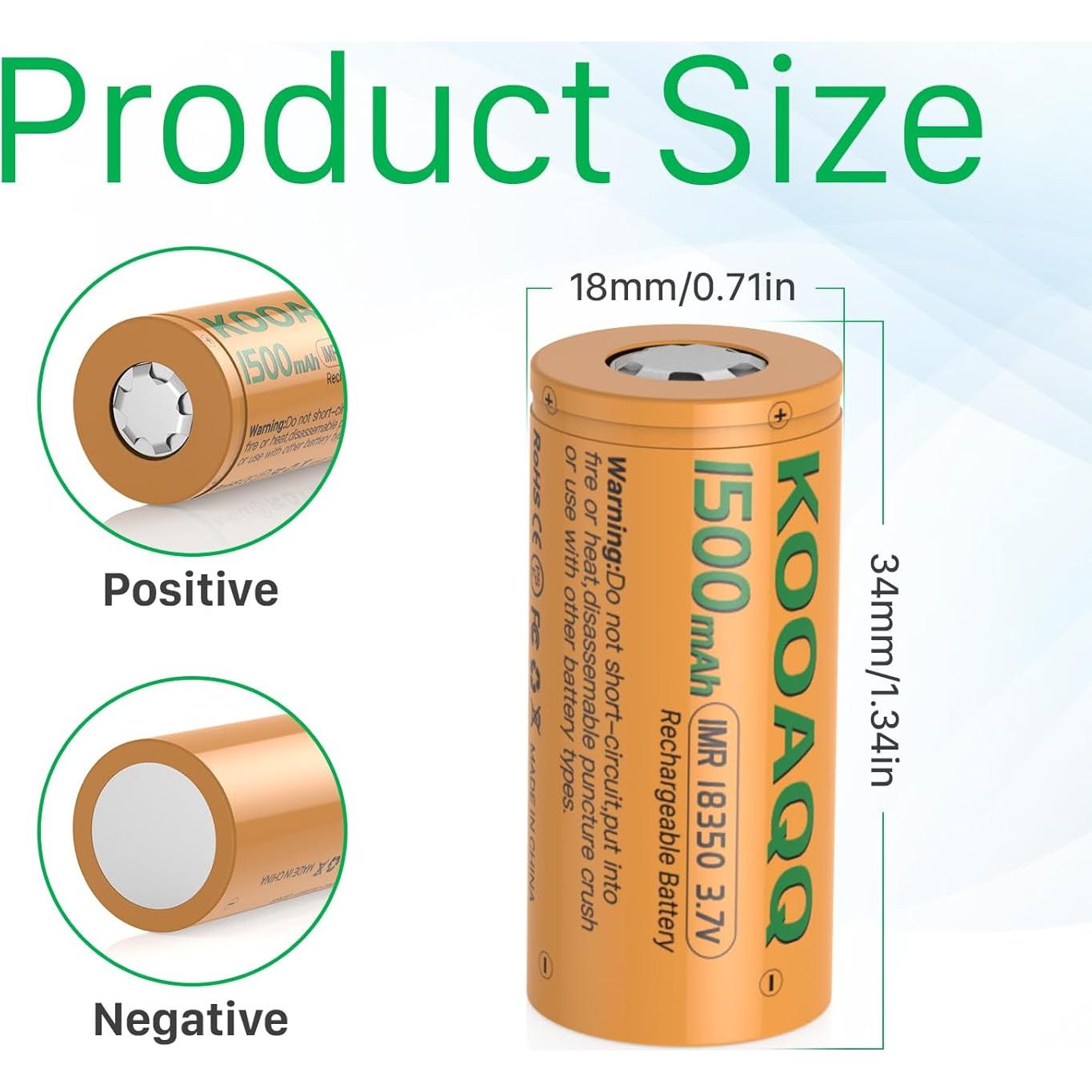 Paquete de 2 Baterías Recargables KOOAQQ 18350 1500mAh 3.7V