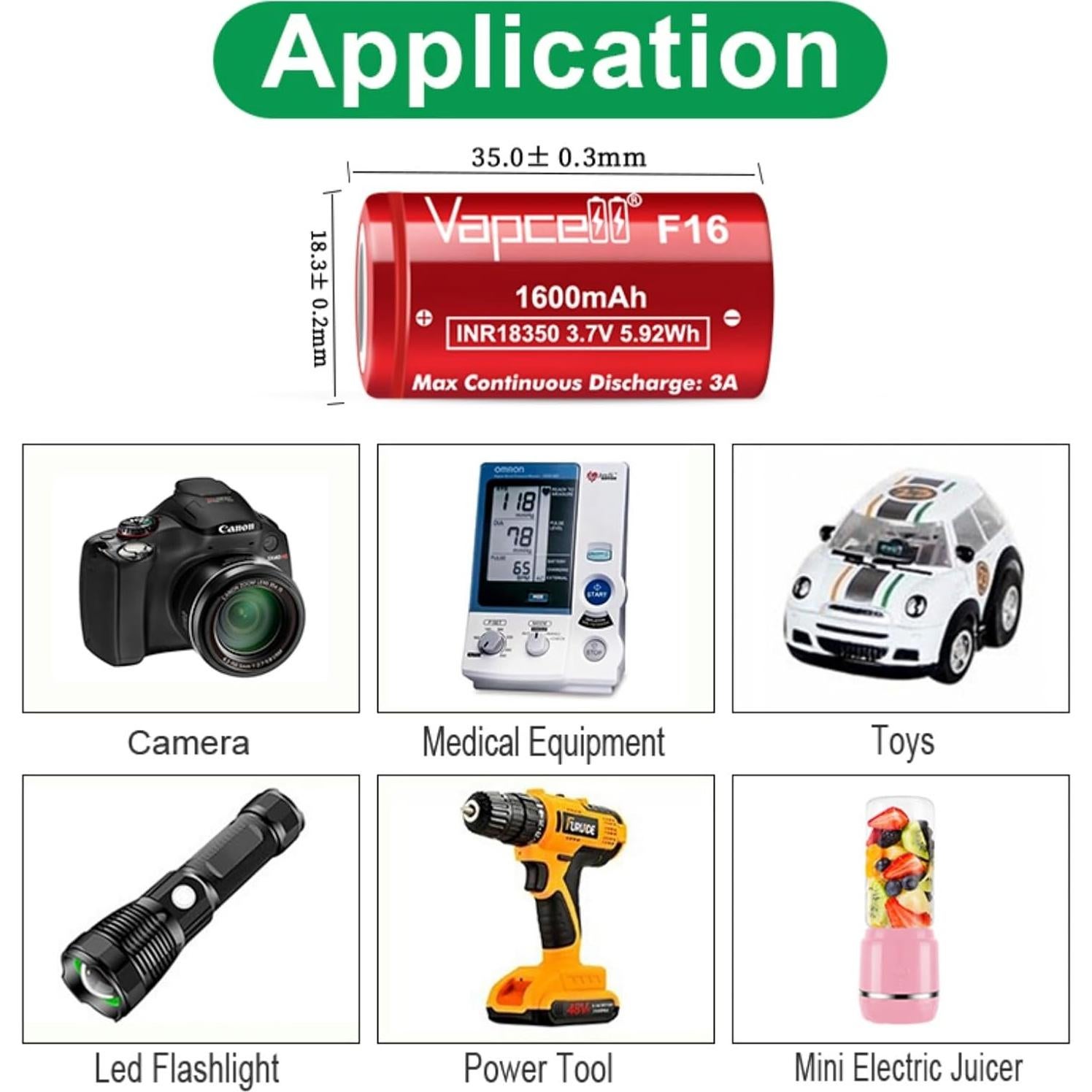 Batería recargable Vapcell Flat Top 18350 3.7V 1600mAh 3A IMR 2 unidades