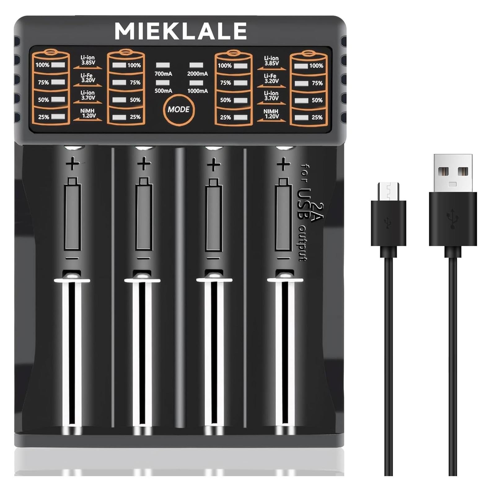 Cargador Inteligente MIEKLALE 4 Bahías para Baterías 18650