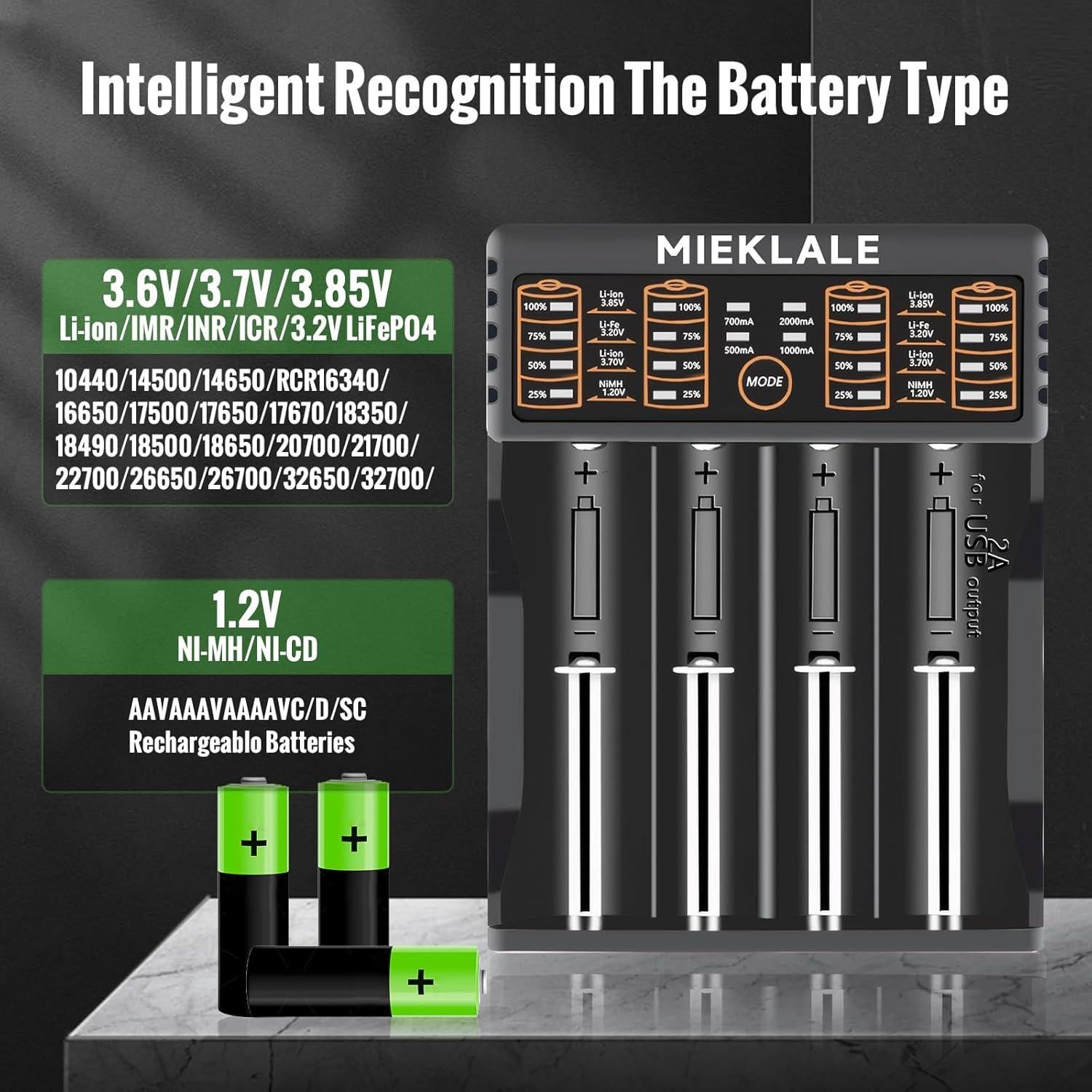 Cargador Inteligente MIEKLALE 4 Bahías para Baterías 18650