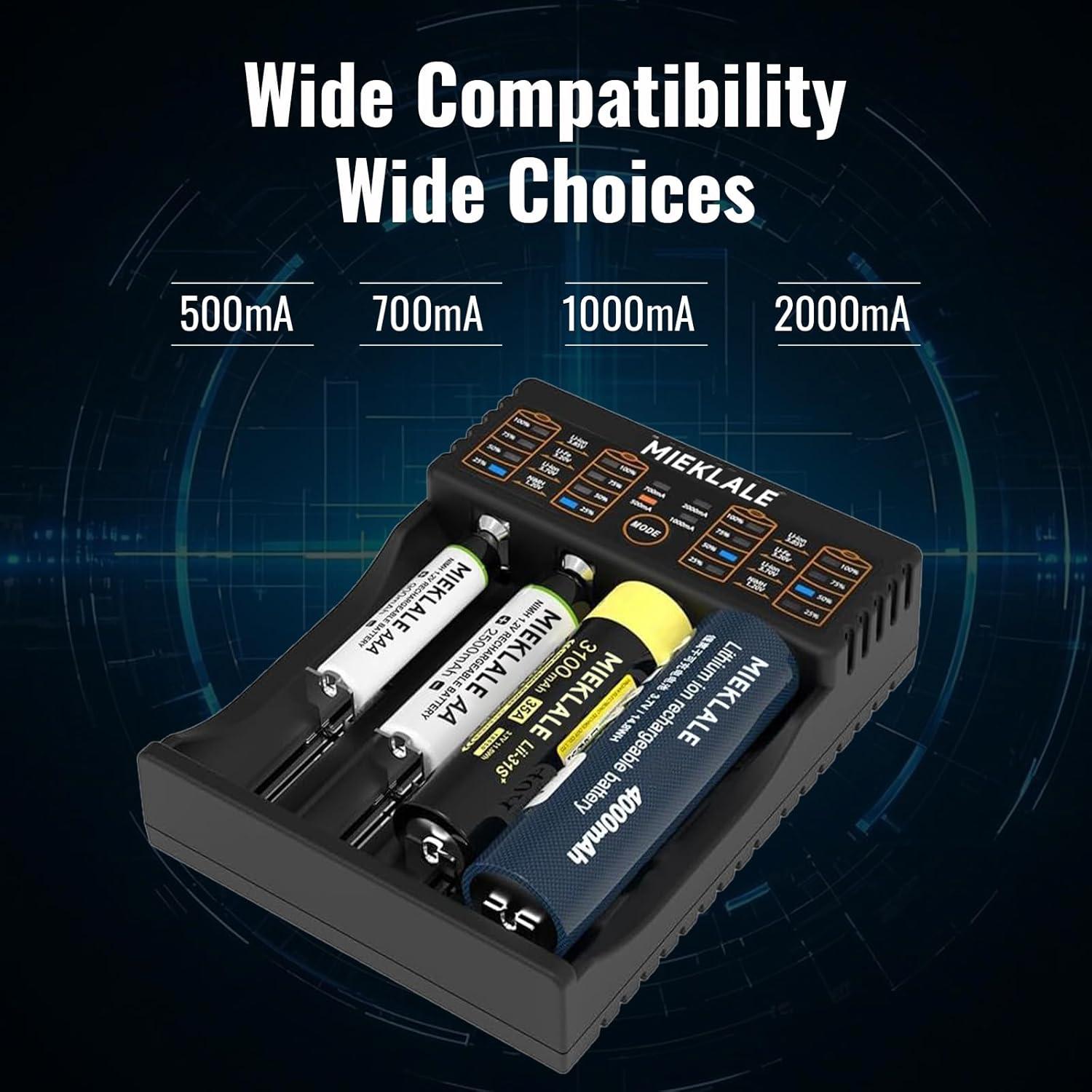 Cargador Inteligente MIEKLALE 4 Bahías para Baterías 18650