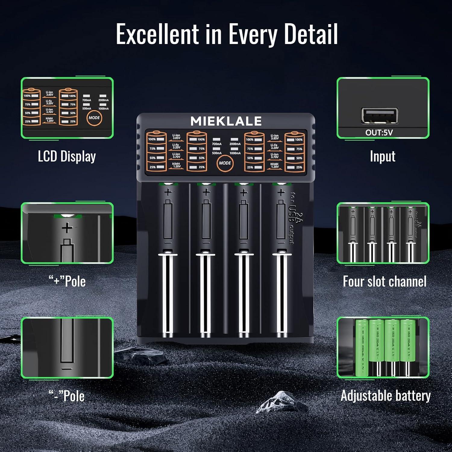 Cargador Inteligente MIEKLALE 4 Bahías para Baterías 18650