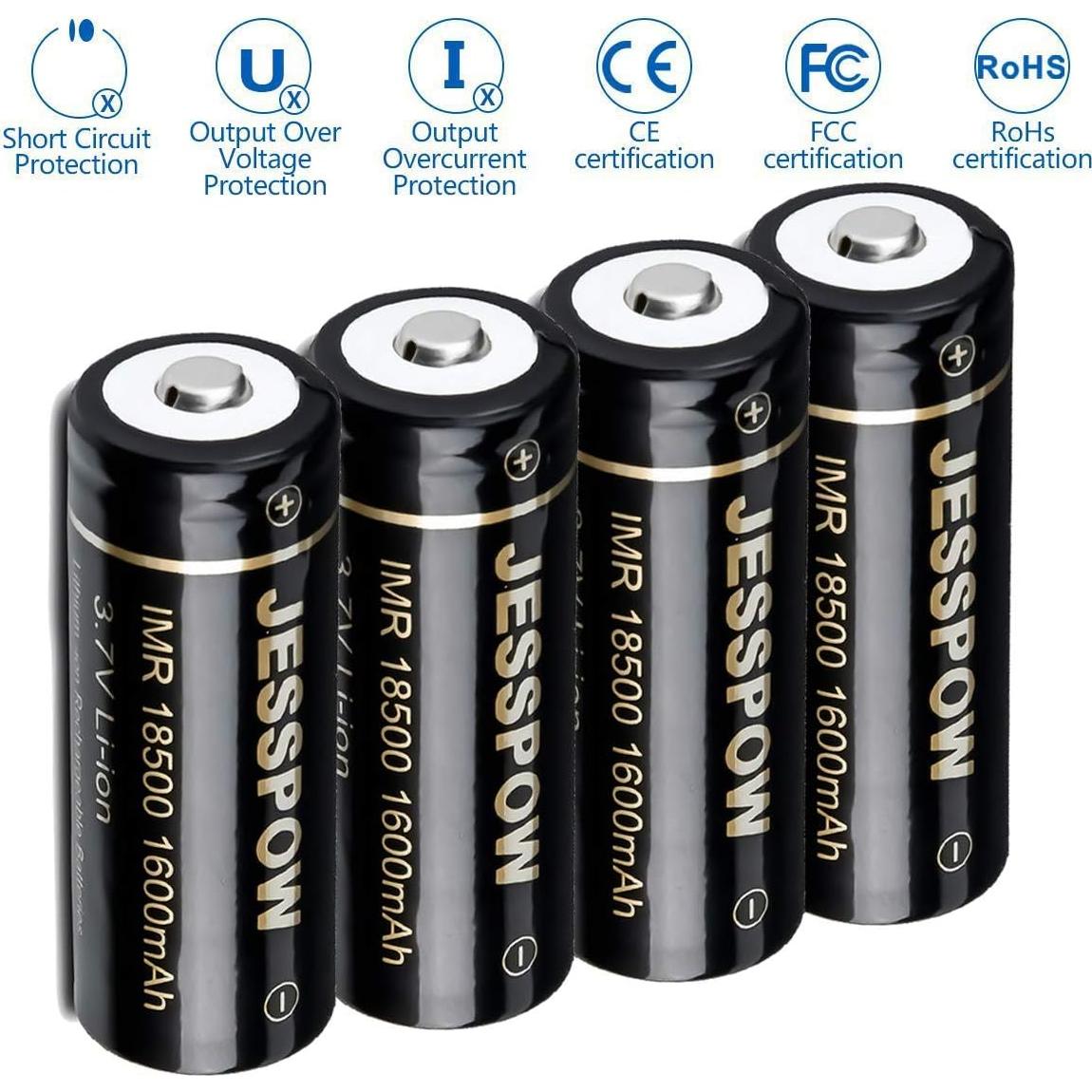 Baterías Recargables JESSPOW 18500 1600mAh 3.7V Botón 4Pack