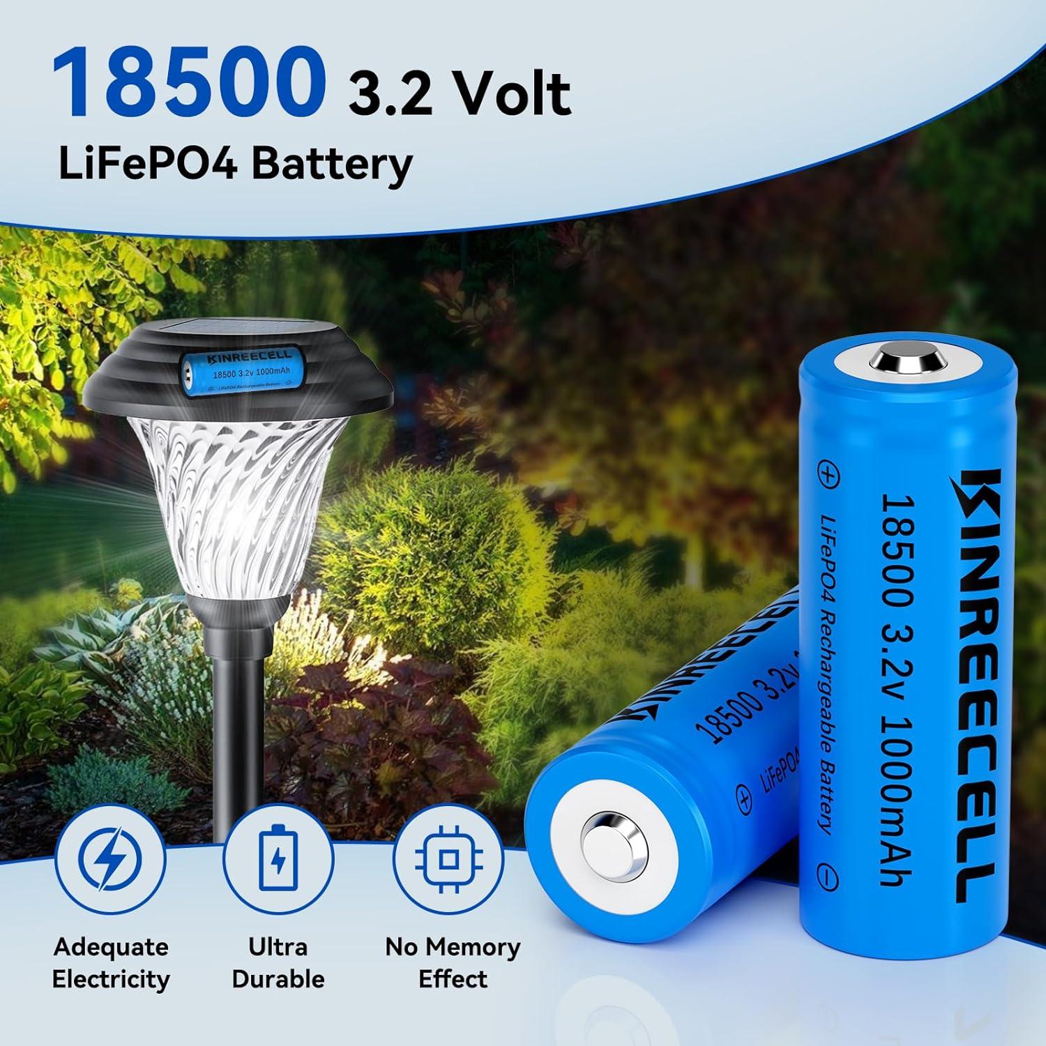 Batería Solar Recargable KINREECELL 18500 3.2V 1000mAh (2 Pcs)