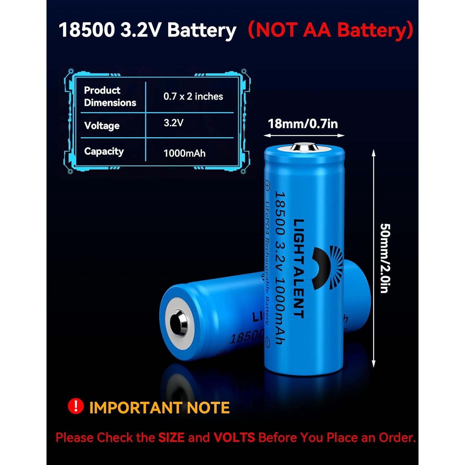 Batería recargable 18500 3.2V LiFePO4 1000mAh - Paquete de 4