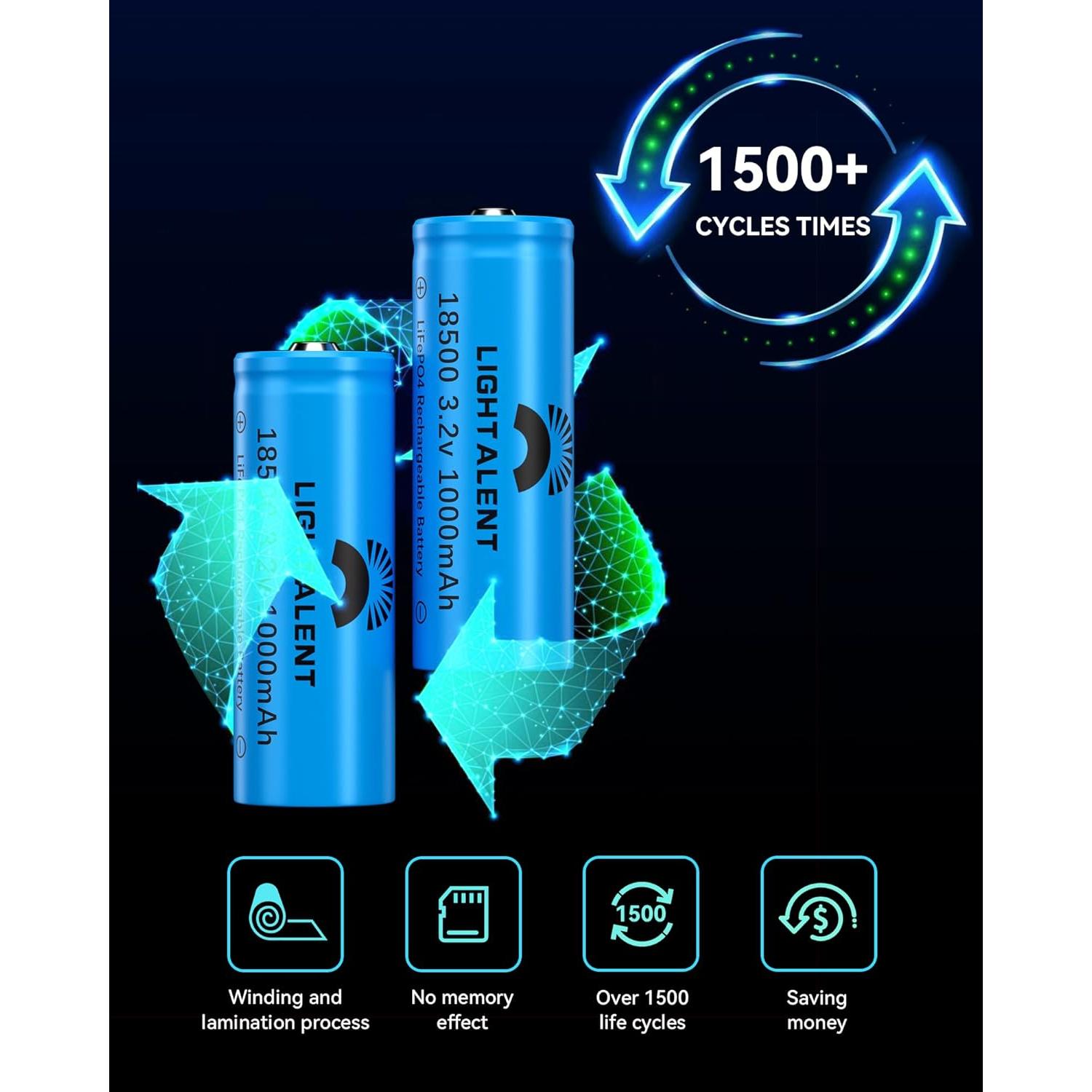 Batería recargable 18500 3.2V LiFePO4 1000mAh - Paquete de 4