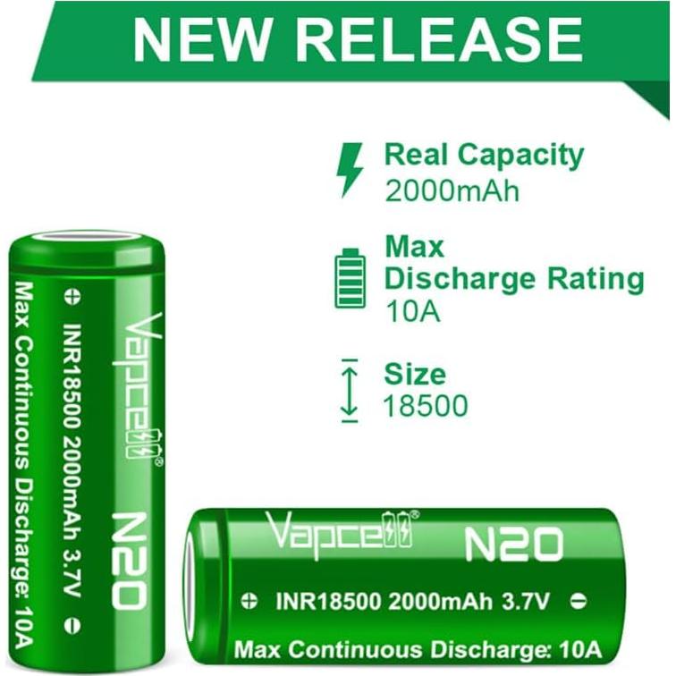 Baterías recargables Vapcell INR 18500 3.7V 2000mAh 10A - Paquete de 2
