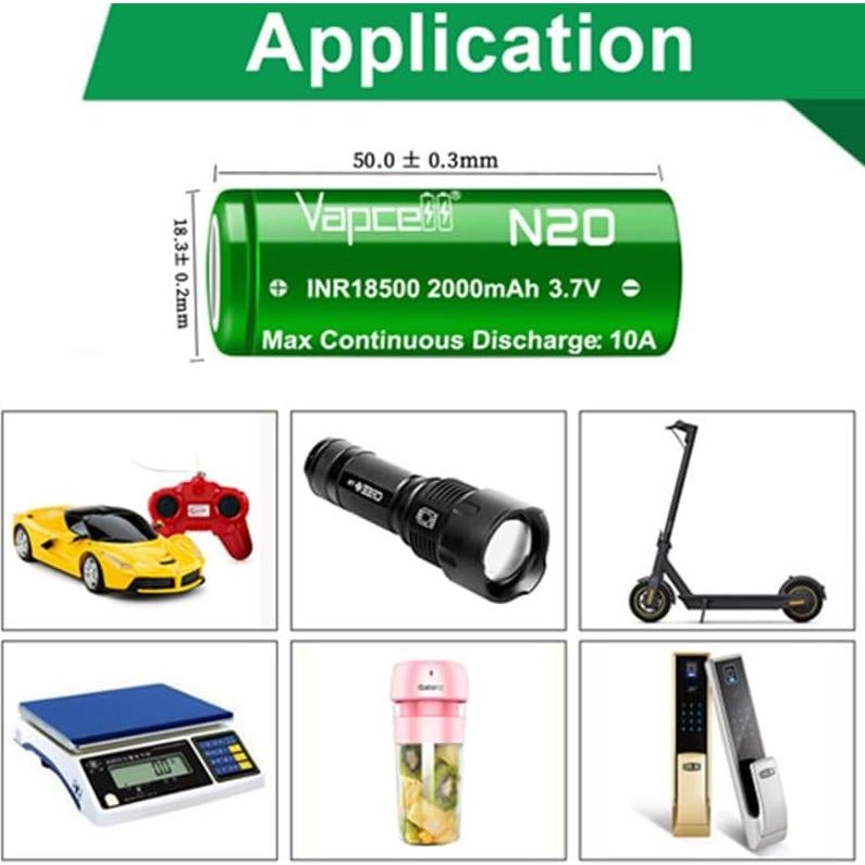 Baterías recargables Vapcell INR 18500 3.7V 2000mAh 10A - Paquete de 2