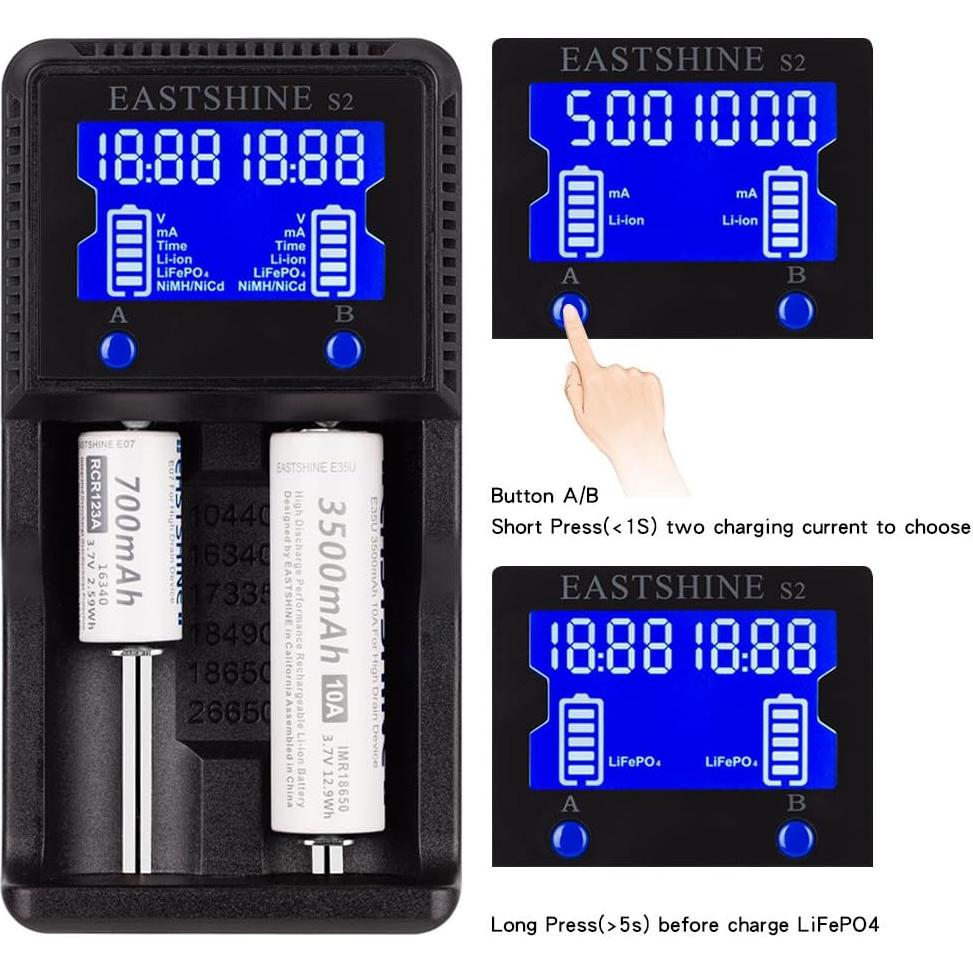 Cargador de Baterías Universal EASTSHINE S2 LCD 2 Ranuras