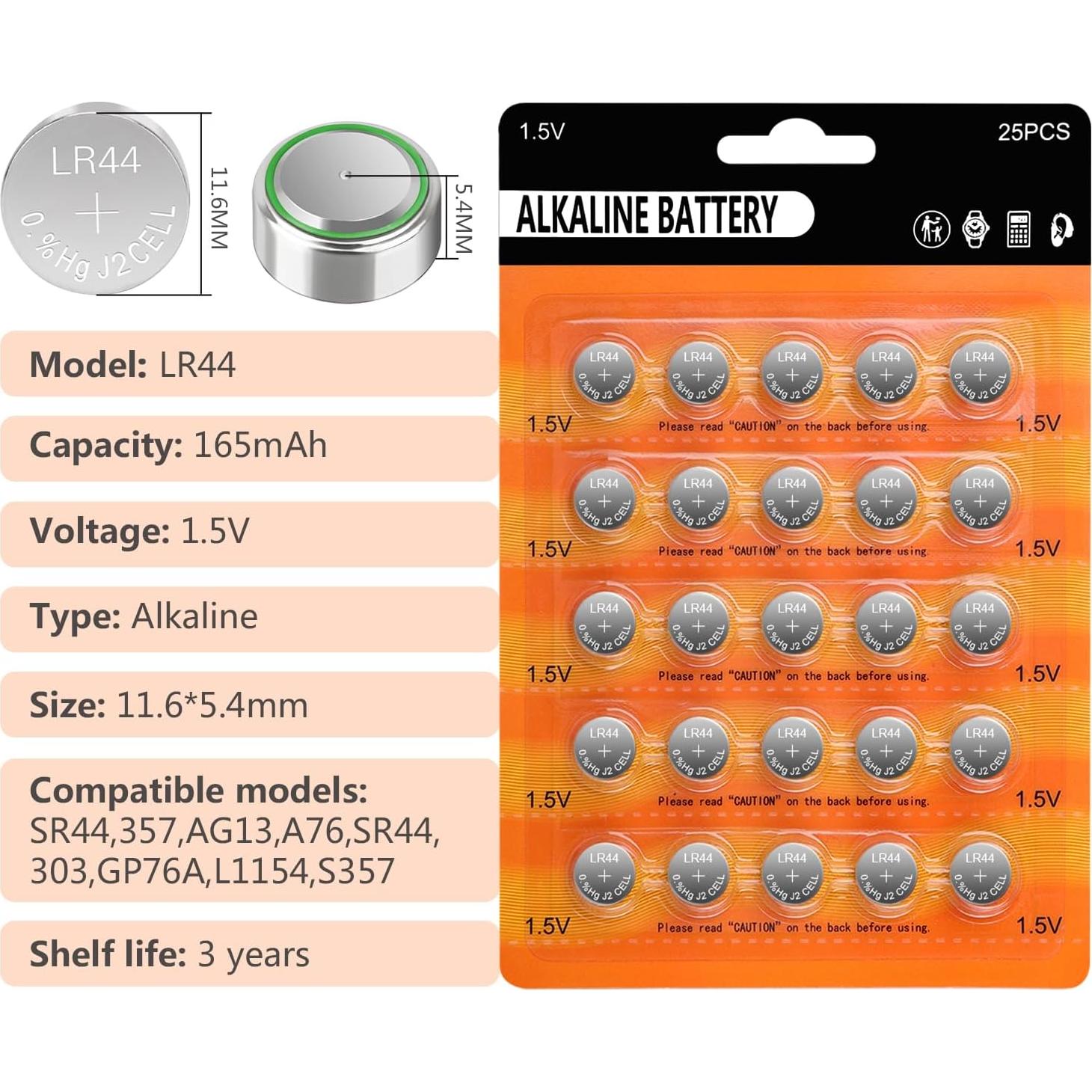 Baterías Alcalinas LR44 Kunying - Paquete de 25 Unidades