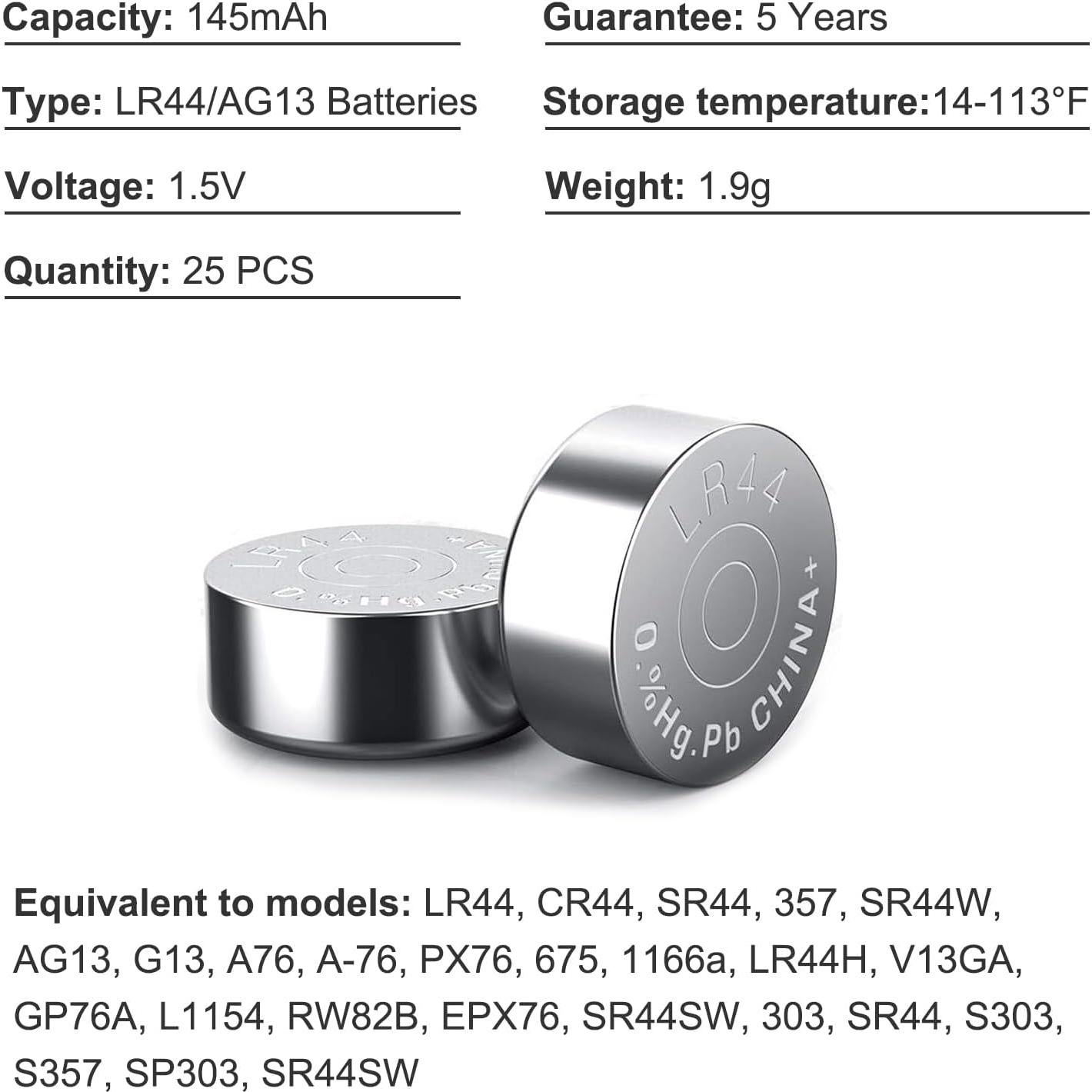 Baterías LR44 1.5V JOXIYECLTL Paquete de 25 Botón