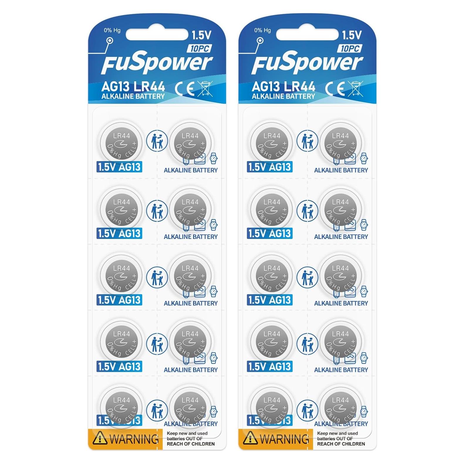 Baterías LR44 Alcalinas Fuspower 20 Unidades AG13 SR44