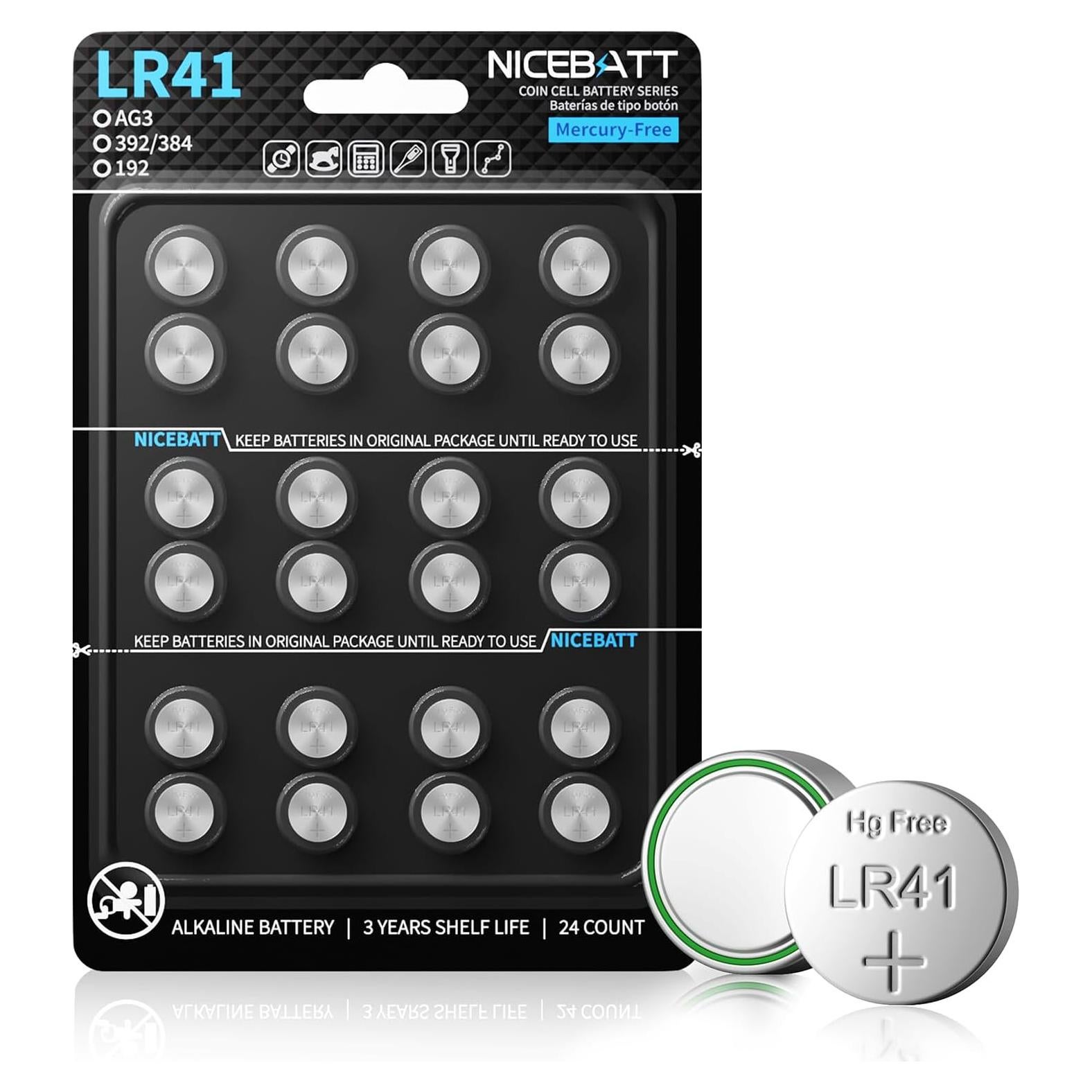 Baterías LR41 Alcalinas NICEBATT Paquete de 24 - 1.5V