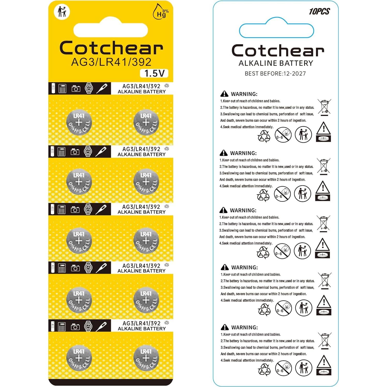 Baterías de botón Cotchear 10pcs AG3 LR41 1.5V Alcalinas