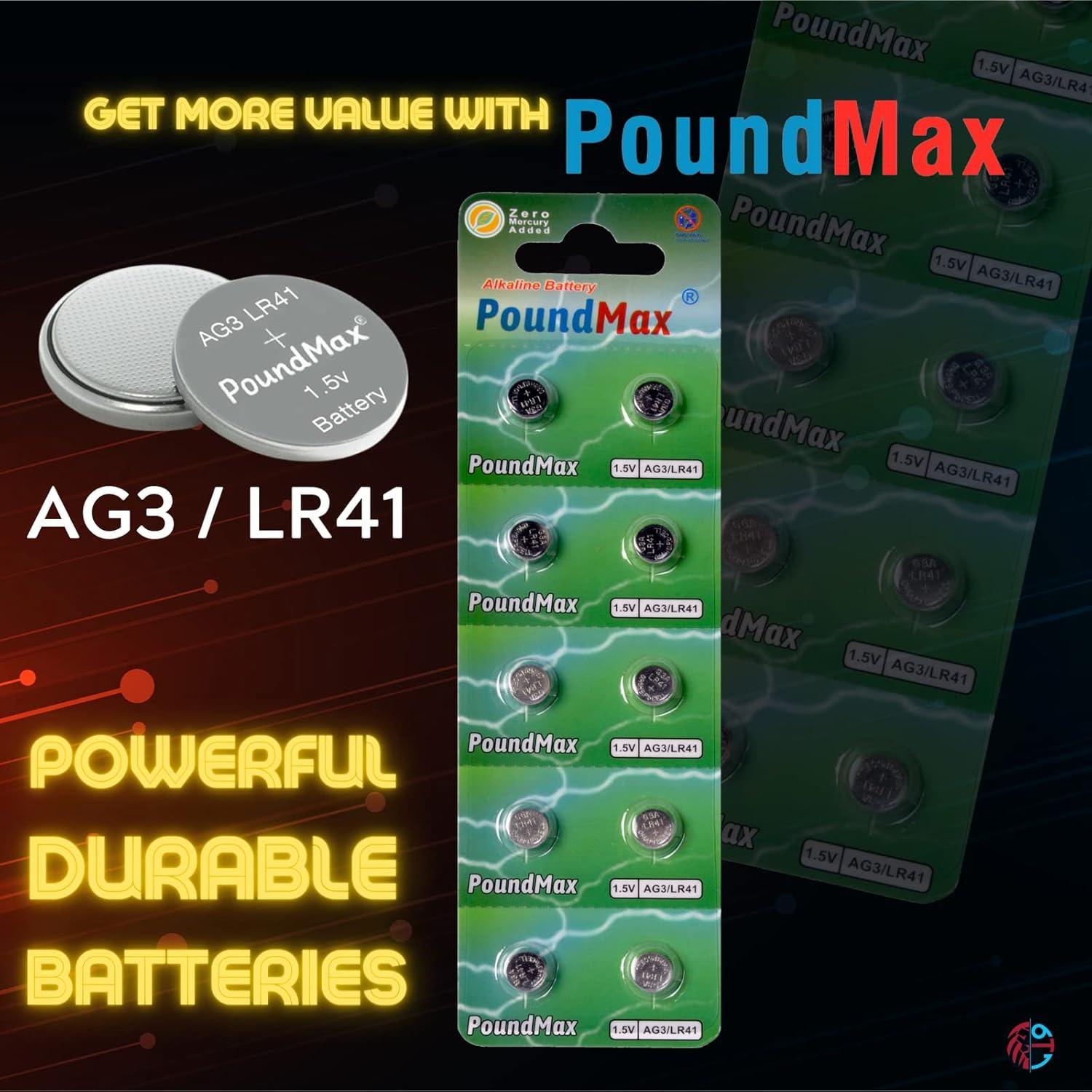 Baterías Alcalinas de Botón PoundMax AG3 LR41 1.5V - 10 Unidades