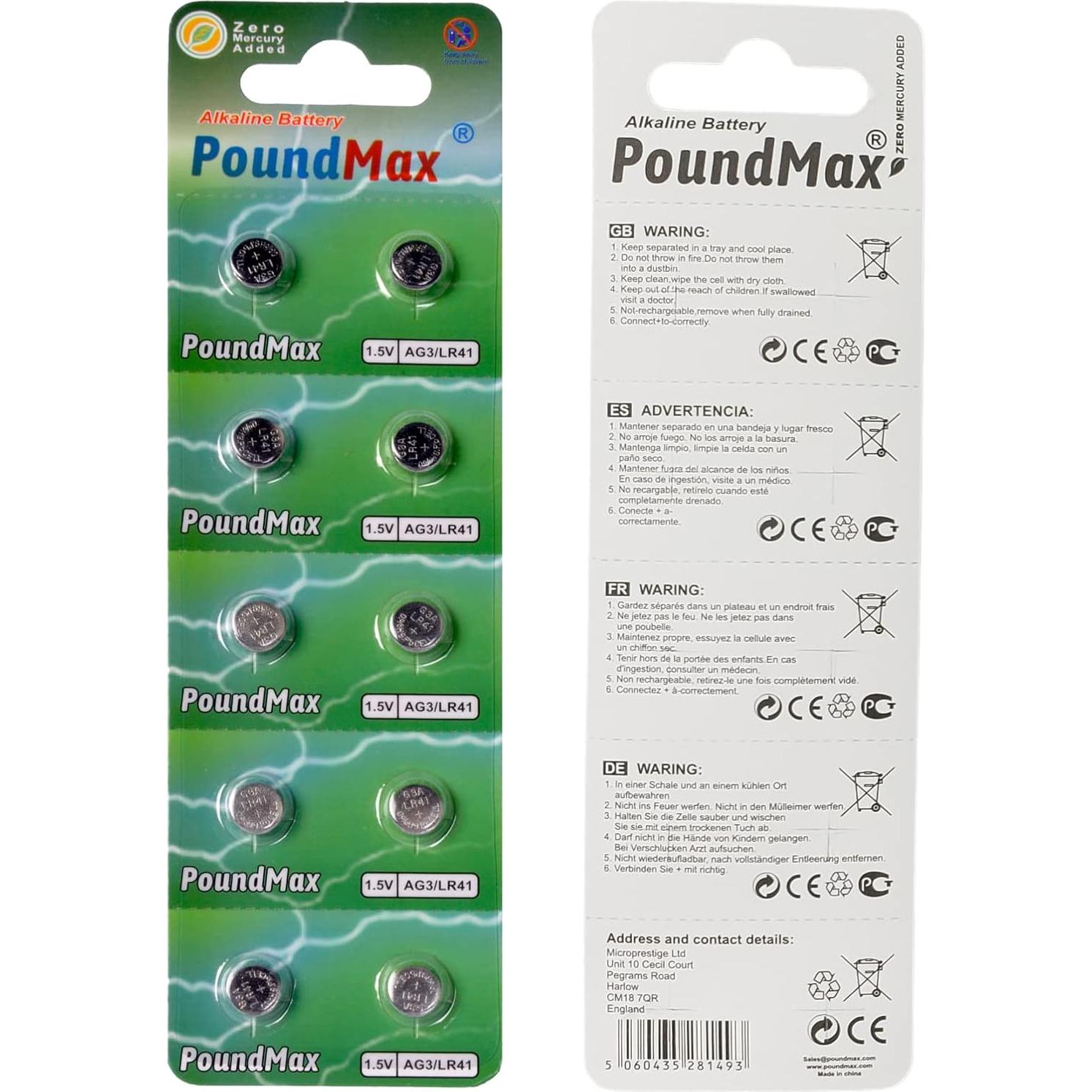 Baterías Alcalinas de Botón PoundMax AG3 LR41 1.5V - 10 Unidades