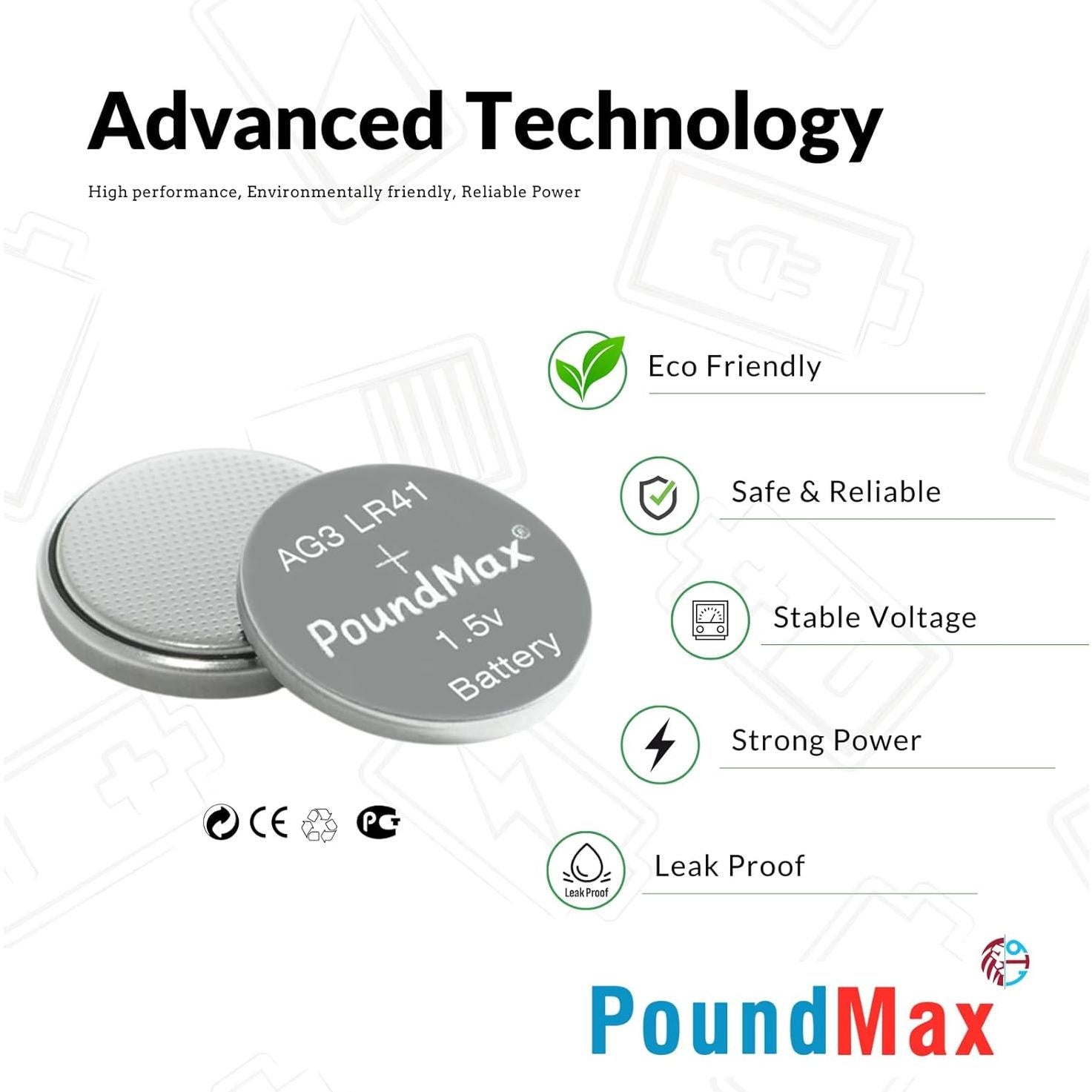 Baterías Alcalinas de Botón PoundMax AG3 LR41 1.5V - 10 Unidades