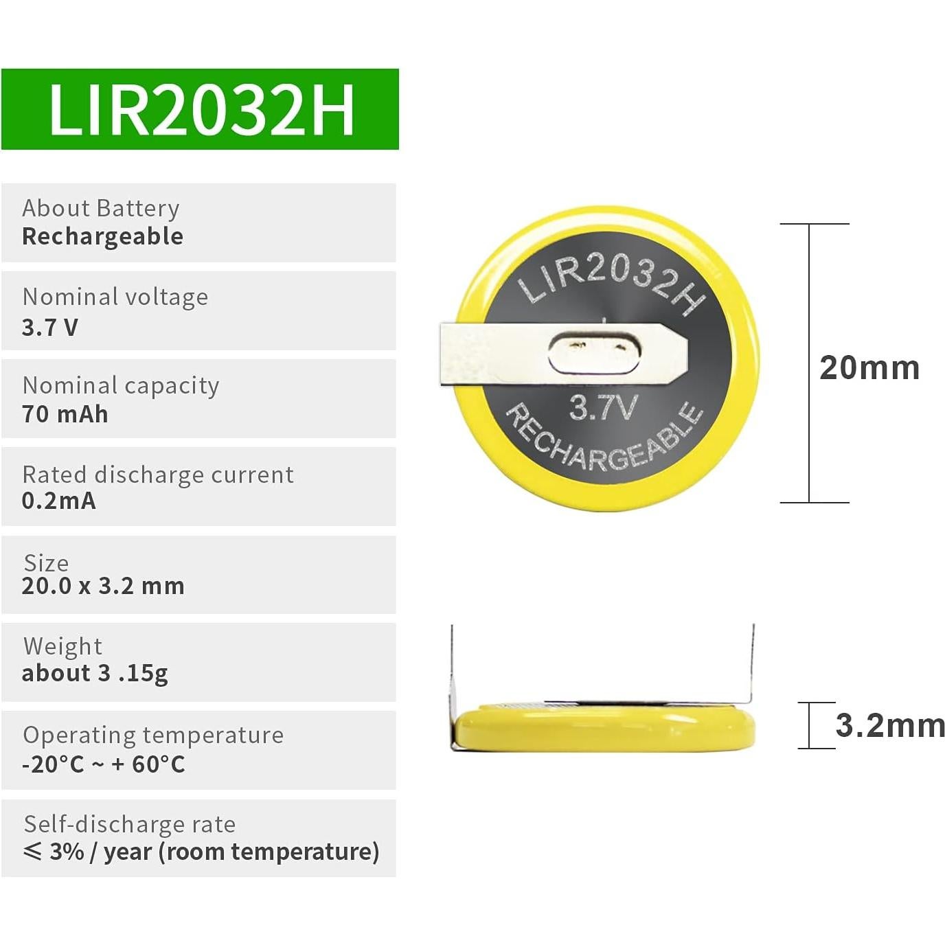 Baterías Recargables LIR2032H EEMB 5PCS 70mAh 3.7V Litio