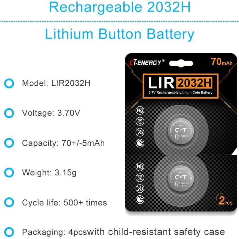 Batería Recargable LIR2032H 4pcs 3.7V 70mAh para Llave