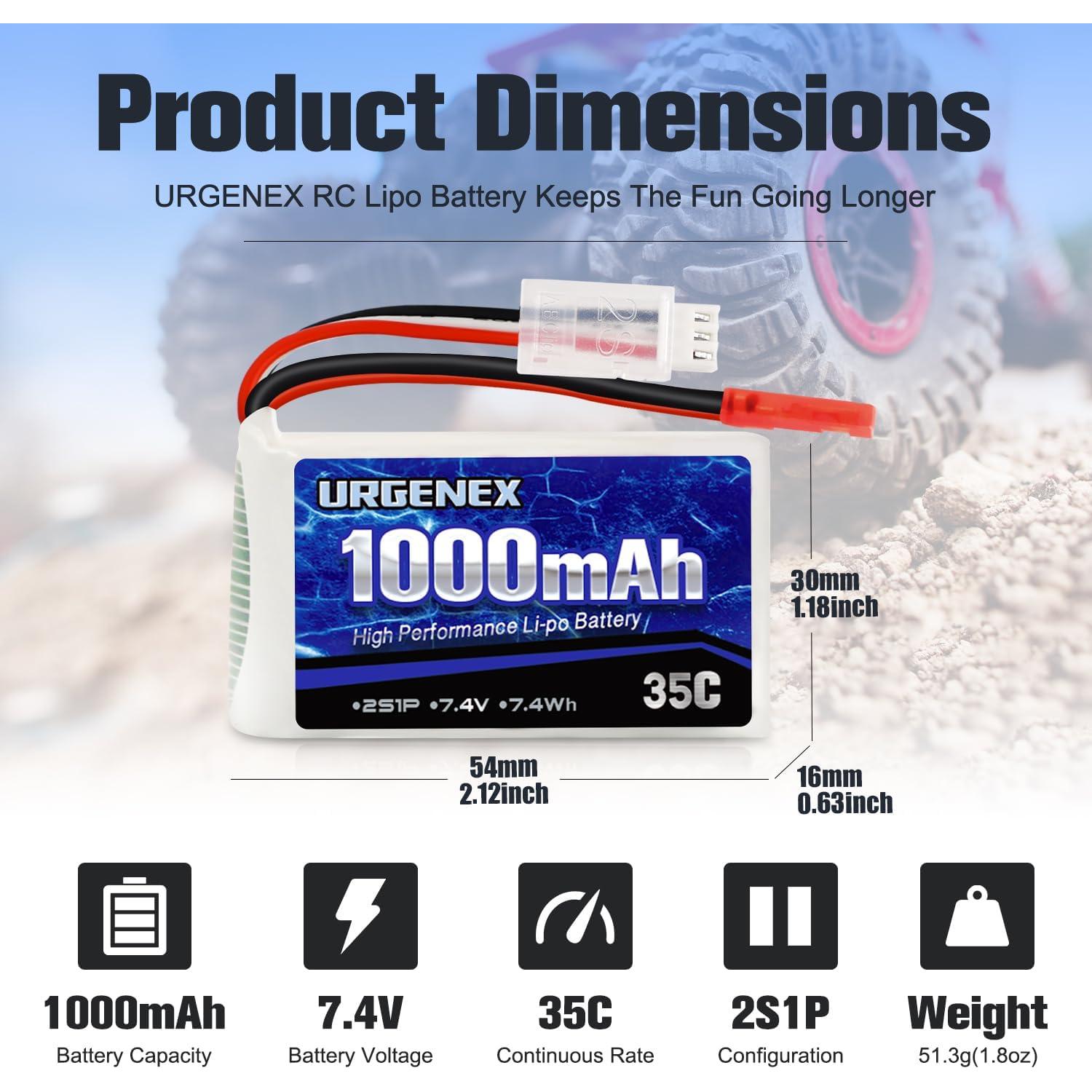 Batería Lipo URGENEX 2S 7.4V 1000mAh 35C para Autos RC