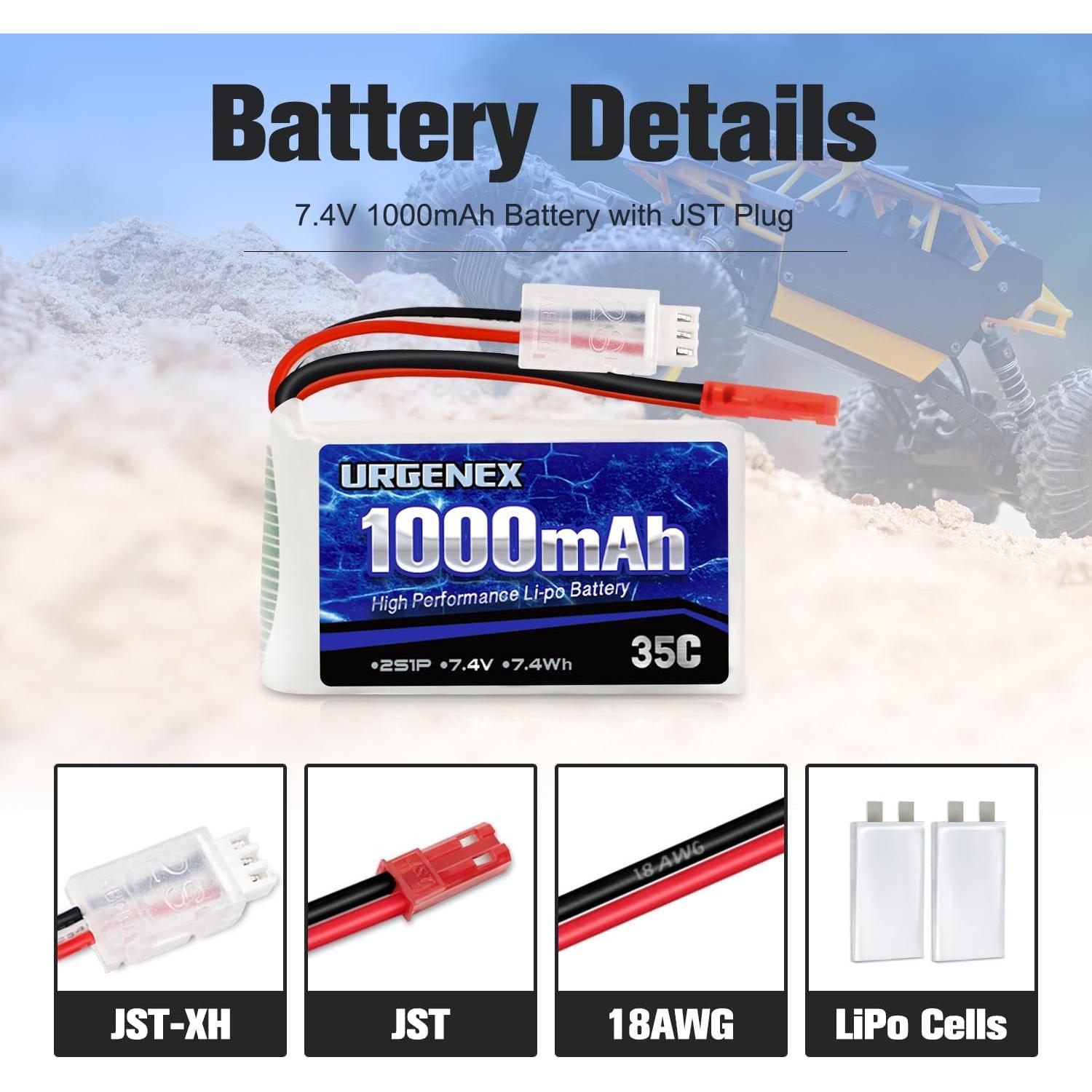 Batería Lipo URGENEX 2S 7.4V 1000mAh 35C para Autos RC