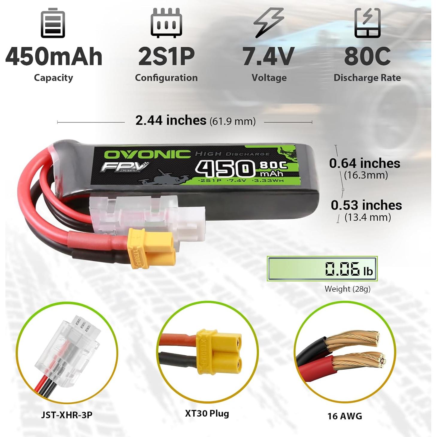 Batería Lipo OVONIC 7.4V 80C 450mAh 2S XT30 - Paquete de 4