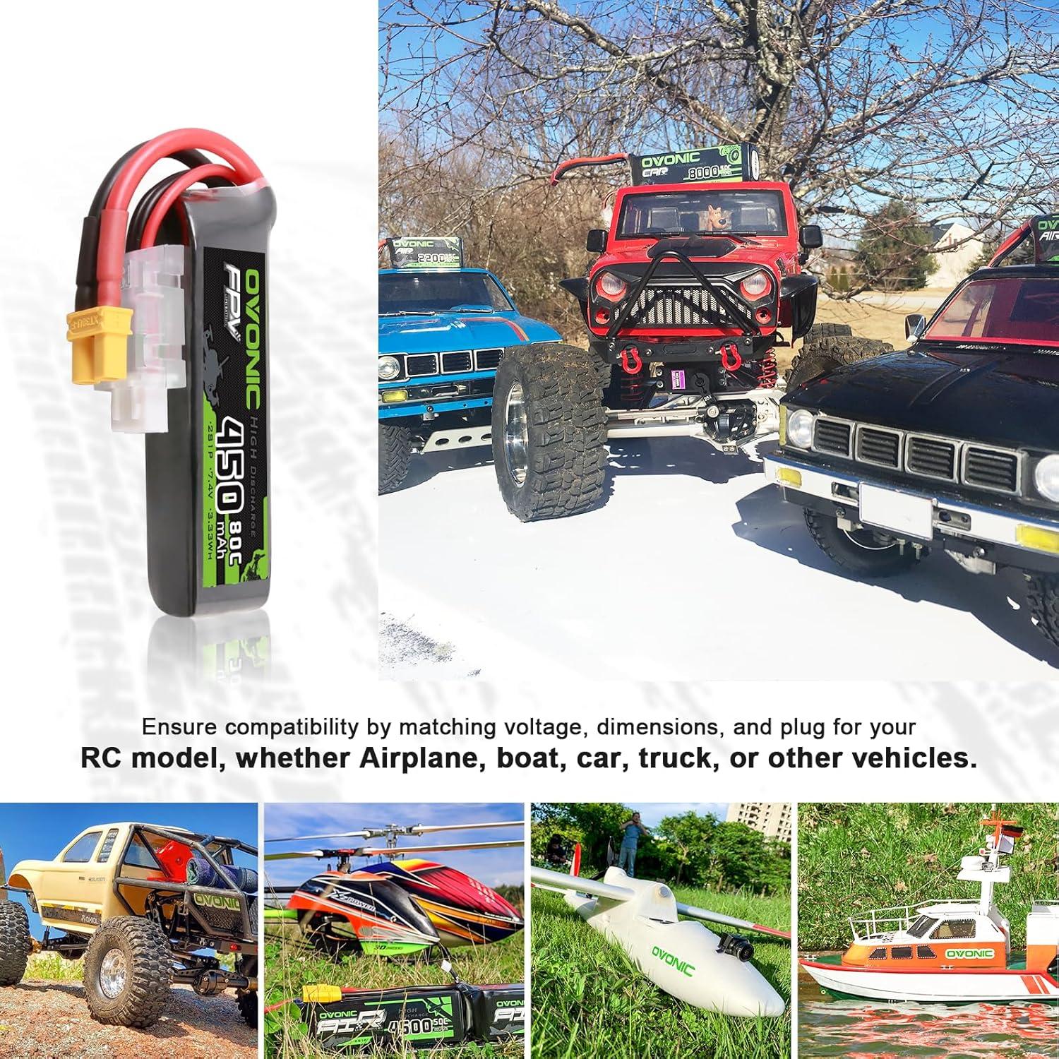 Batería Lipo OVONIC 7.4V 80C 450mAh 2S XT30 - Paquete de 4