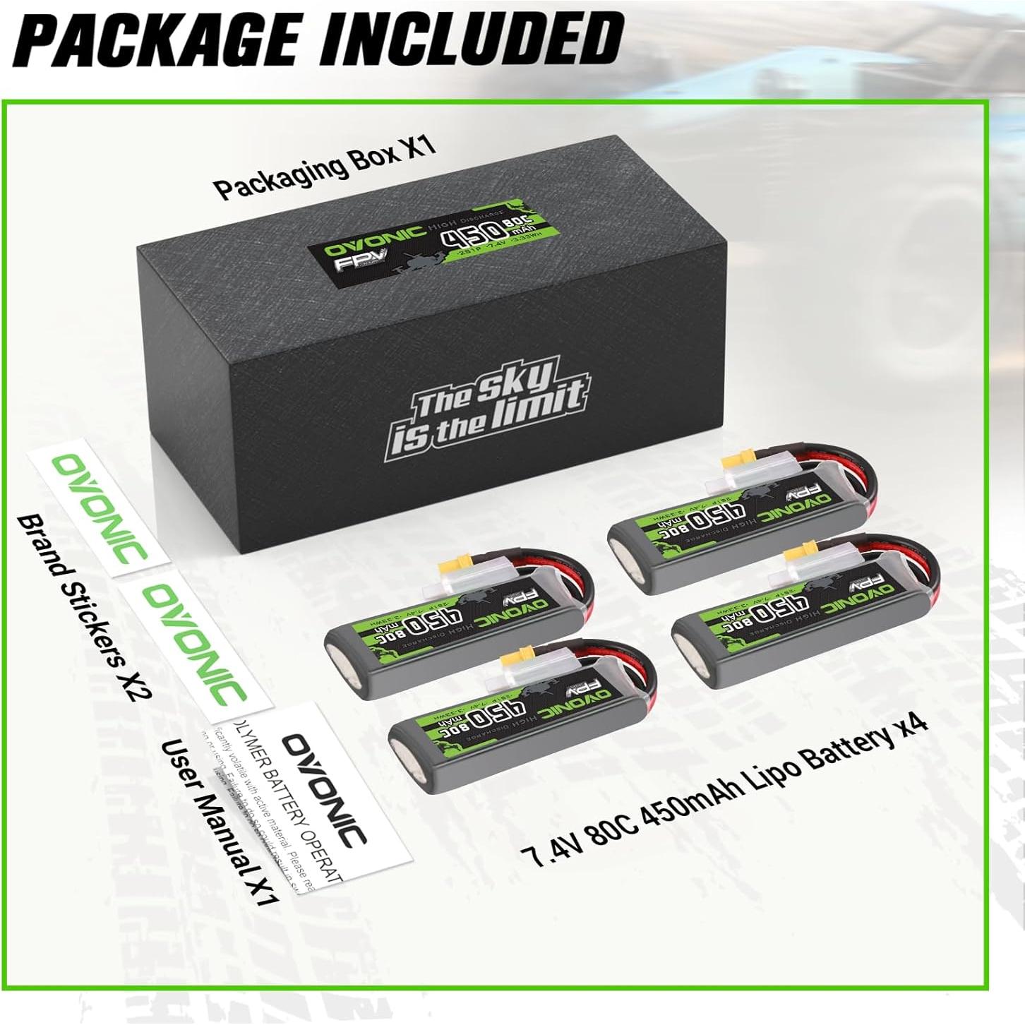 Batería Lipo OVONIC 7.4V 80C 450mAh 2S XT30 - Paquete de 4