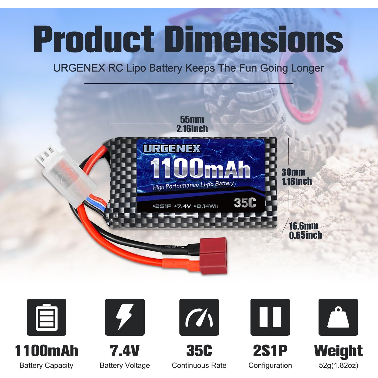 Batería Lipo URGENEX 7.4V 1100mAh 35C 2S Recargable para RC
