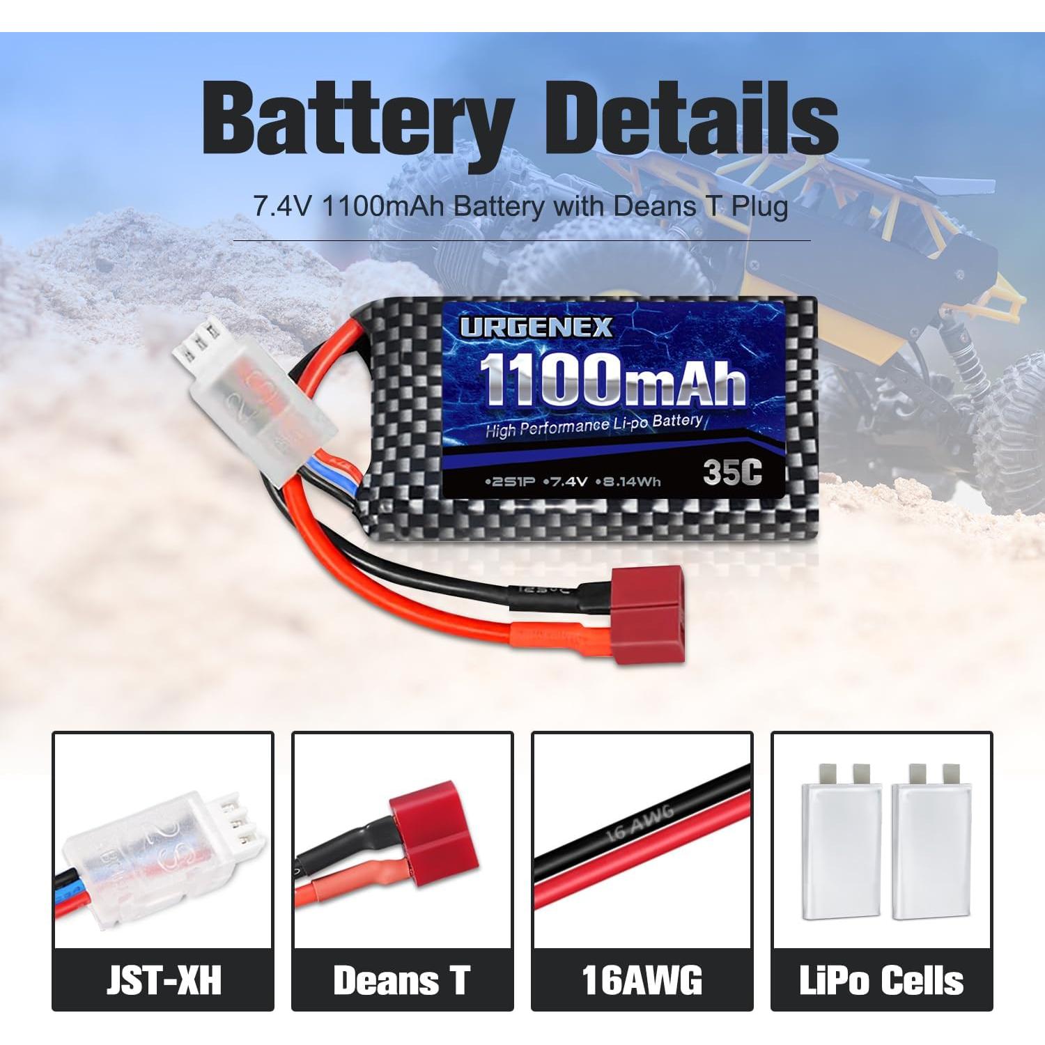 Batería Lipo URGENEX 7.4V 1100mAh 35C 2S Recargable para RC