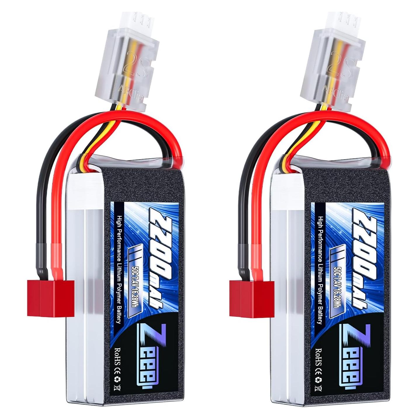 Batería Lipo Zeee 2S 2200mAh 7.4V 50C con conector T - Paquete de 2