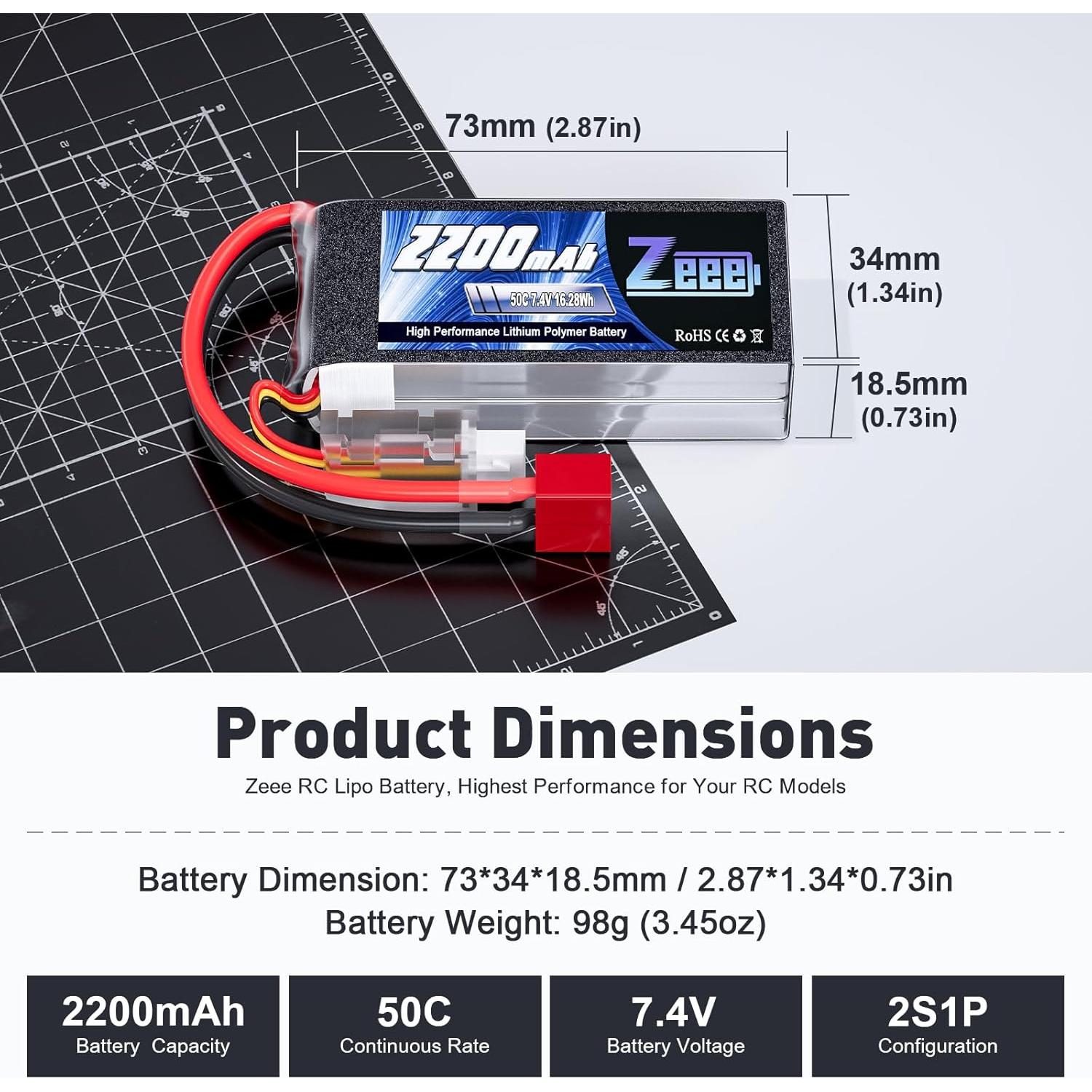 Batería Lipo Zeee 2S 2200mAh 7.4V 50C con conector T - Paquete de 2