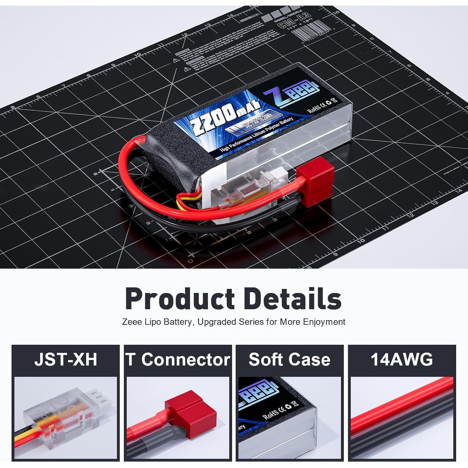 Batería Lipo Zeee 2S 2200mAh 7.4V 50C con conector T - Paquete de 2