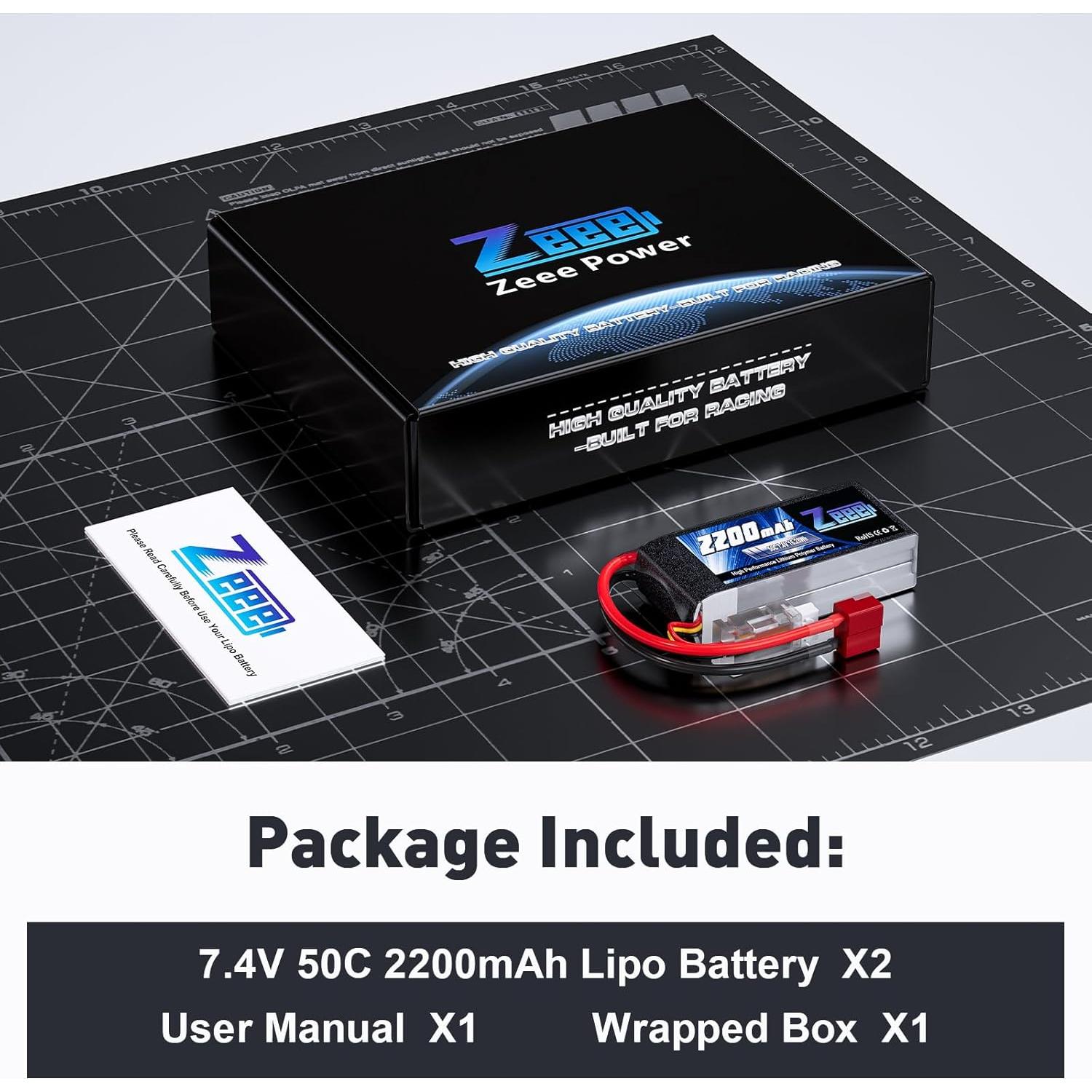 Batería Lipo Zeee 2S 2200mAh 7.4V 50C con conector T - Paquete de 2