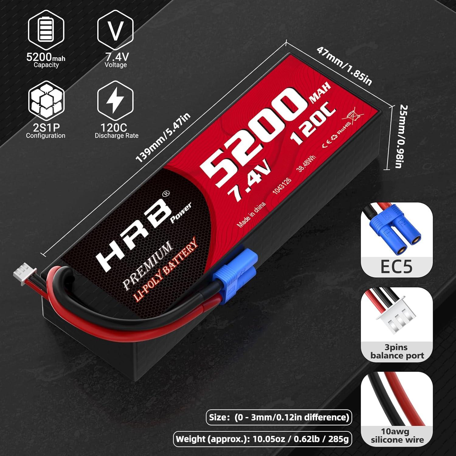 Batería Lipo HRB 2S 5200mAh EC5 7.4V Dura para RC
